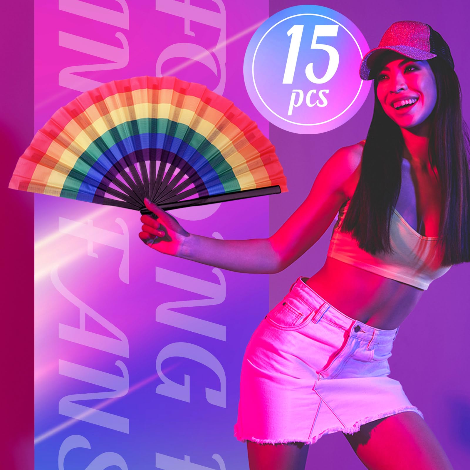 FairySandy Set di 15 grandi ventagli pieghevoli con costole di bambù e case Craft Rave Fans Rainbow Hand Fan per Drag Queen Dance Music Festival Party Performance e regali, 15 stili, 63,5 cm