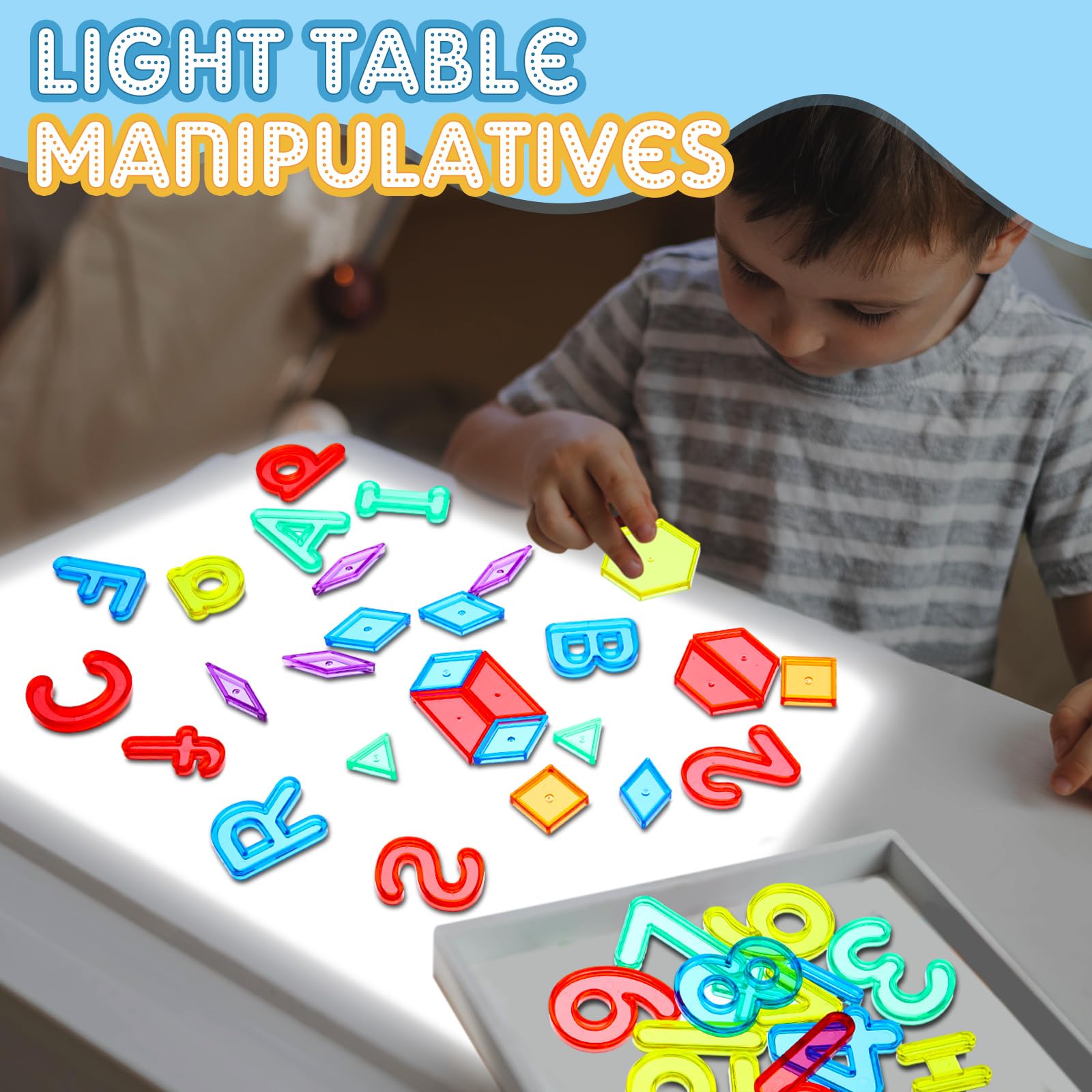 Blueweenly 268 Pcs Transparent Letters and Numbers Translucent Light Table Manipulatives Toys Light Box Accessories Colorful Plastic Sensory Play for Kids Counting Spelling Learning