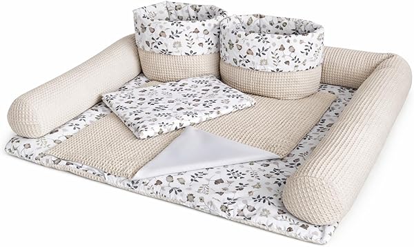 Wickelauflage Set 6-teilig – Wickelunterlage aus Baumwolle & Waffelstoff – Baby Wickelauflage – Geschenk zur Babyparty – Wickeltischauflage – 85x75 cm (Breite x Tiefe), Zweige und hellbeige
