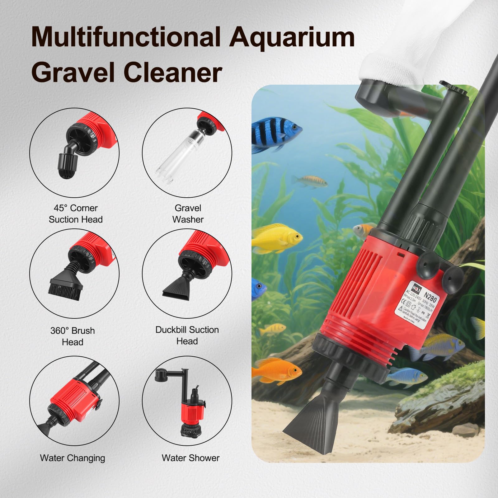 Pulitore Elettrico per Acquario, Aspiraghiaia Elettrico per Acquari 6 in 1, Pulizia Ghiaia e Sabbia, Aspirapolvere Acquario 28W, per Cambio Acqua, Pulizia Sabbia, Rimozione Sporco, Filtraggio