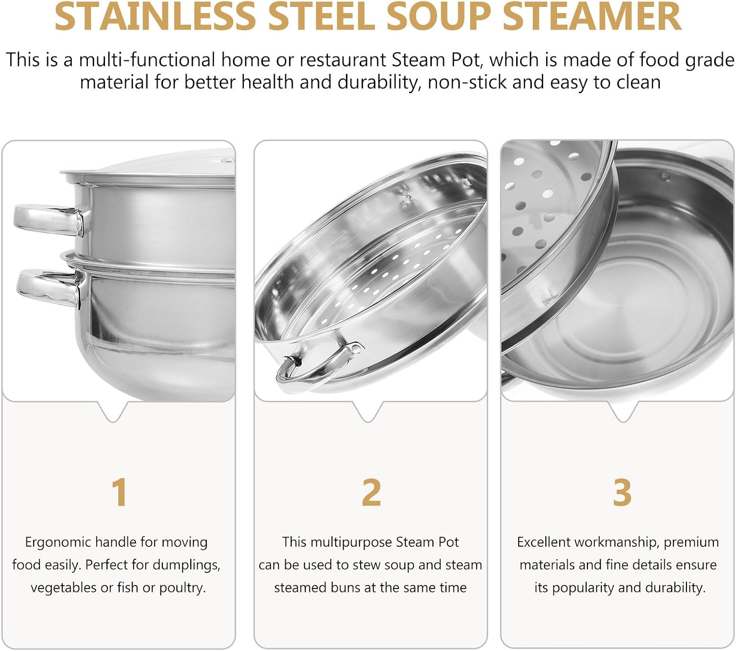 PRETYZOOM Double Ear Stainless Steel Food Steamer Pot Thickened Steam Pot for Cooking Soup Dumplings Vegetables Fish Poultry 11.81 X 11.81 X 6.10 in