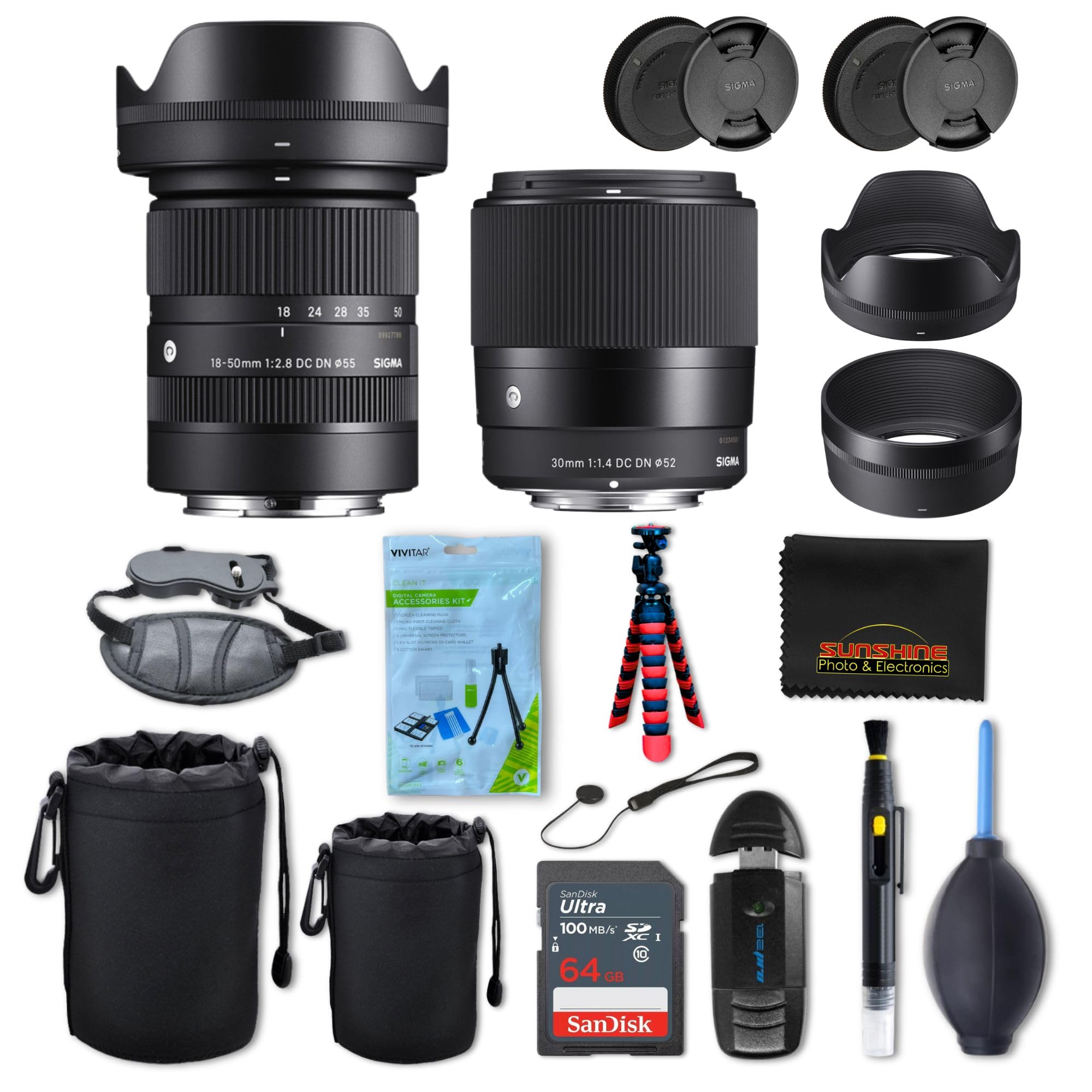Sigma 18-50mm f2.8 + Sigma 30mm f1.4 DC DN Contemporary Lens for Sony E with Sunshine Photo Accessories Bundle - 4 Years USA Manufacturer Warranty