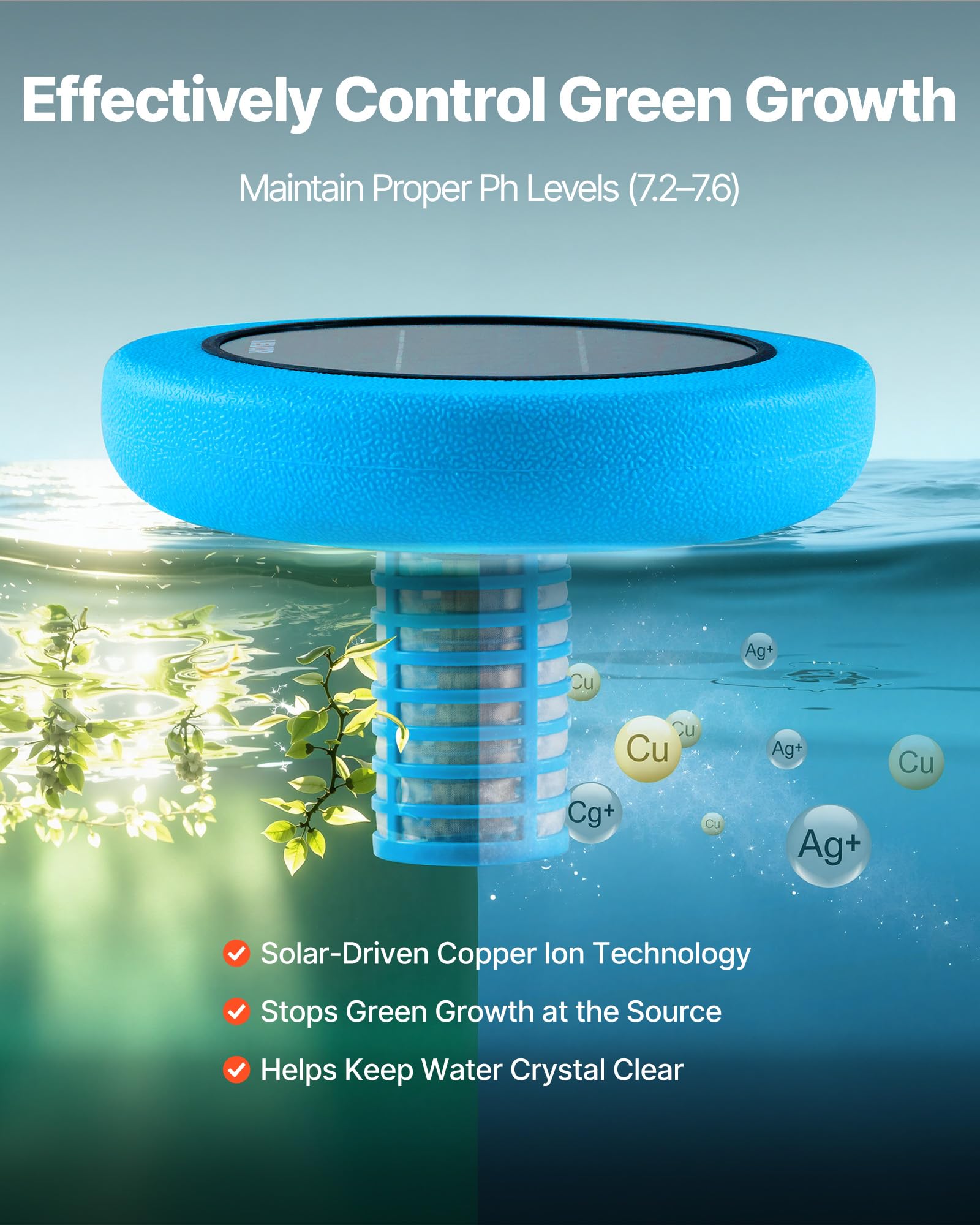VEVOR Ionizzatore Solare per Piscina Purificatore per Acqua Piscina Purificatore agli Ioni di Rame max. 170343 L, Ionizzatore ad Energia Solare Galleggiante per Piscina Vasca Idromassaggio, Rotondo