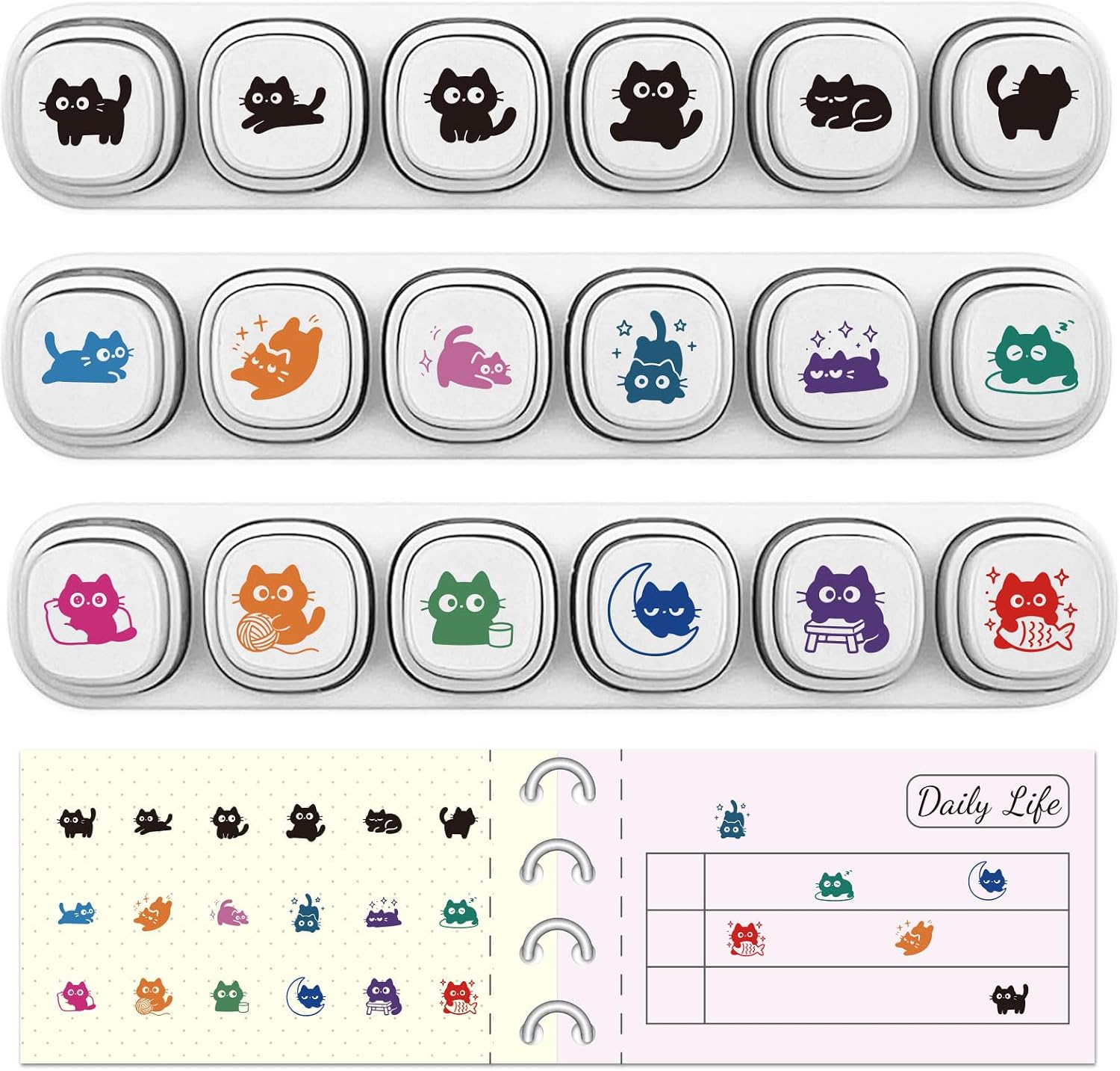 GLOBLELAND 3 Set 18 Pcs Cute Cat 6-in-1 Mini Stamps for Grading Cartoon Cat Plastic Stamp Set Animals Planner Stamps for Drawing Journaling Art Crafts Birthday Party Favor Carnival Prizes