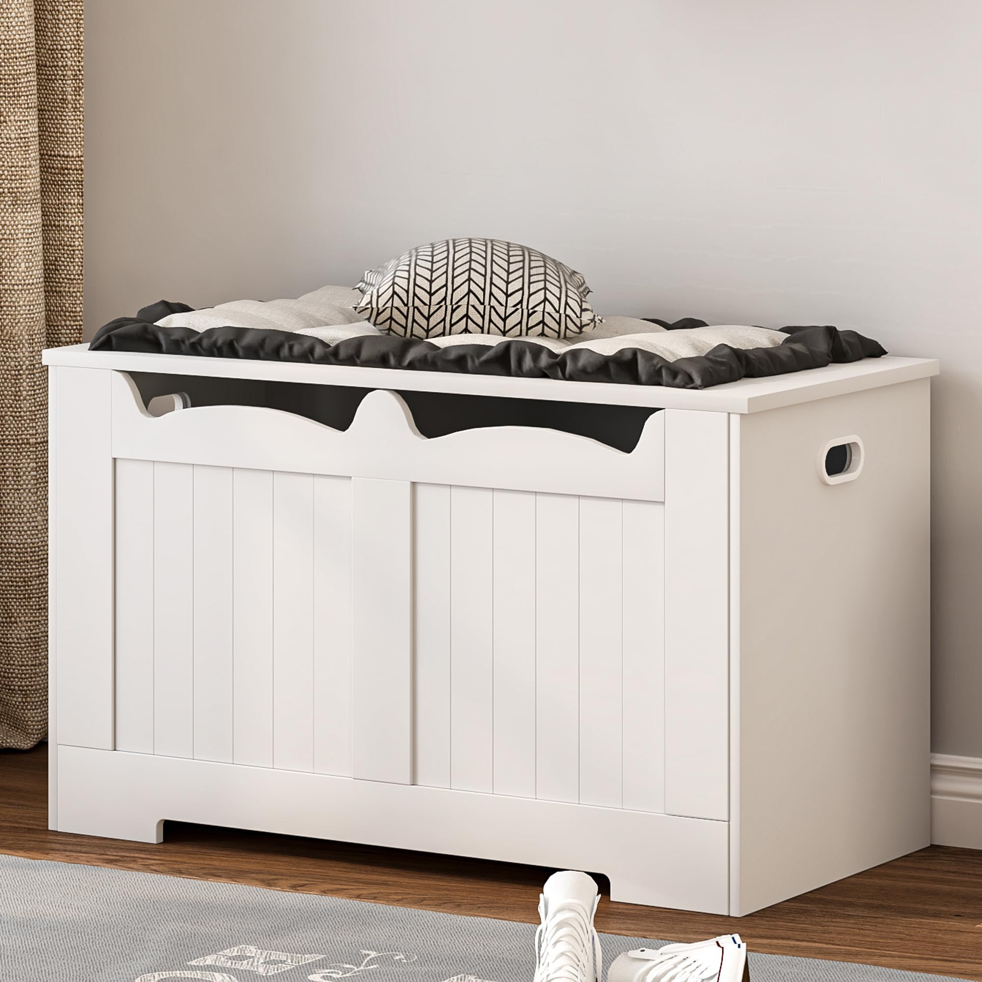 VASAGLE Coffre De Rangement, Banc Chaussures, Meuble Entrée, Avec 2 Charnières De Sécurité, Imitation Grange, 40 X 80 X 46 Cm, Pour Couloir, Chambre, Salon, Marron Rustique LSB062T01