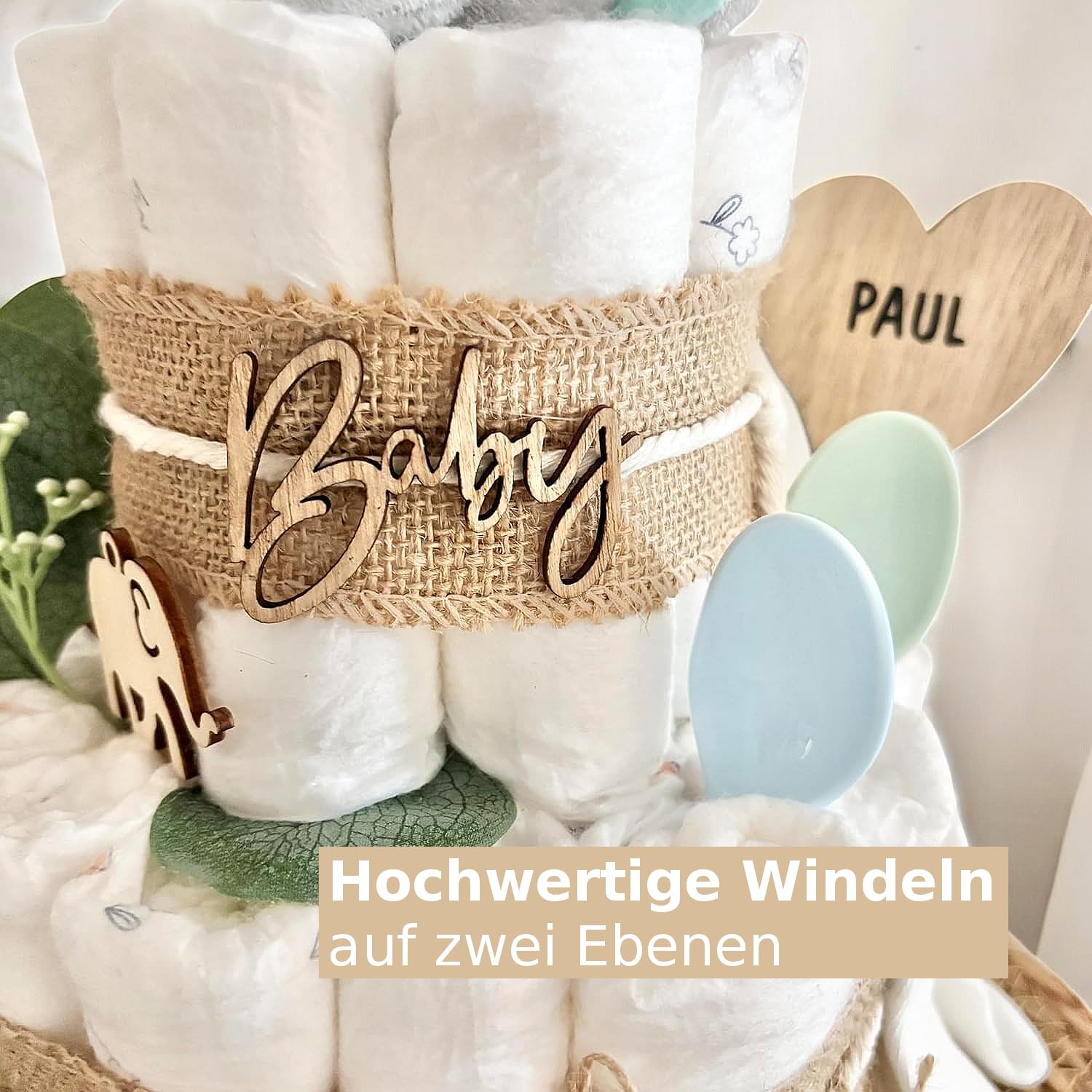 Windeltorte mit Elefant Schnuller Socken und mehr, Babytorte für Babyparty Babyshower, Namen personalisierbar für Junge & Mädchen, Geschenk zur Geburt, Babypinkeln Baby Neugeboren Geschenk Windeln