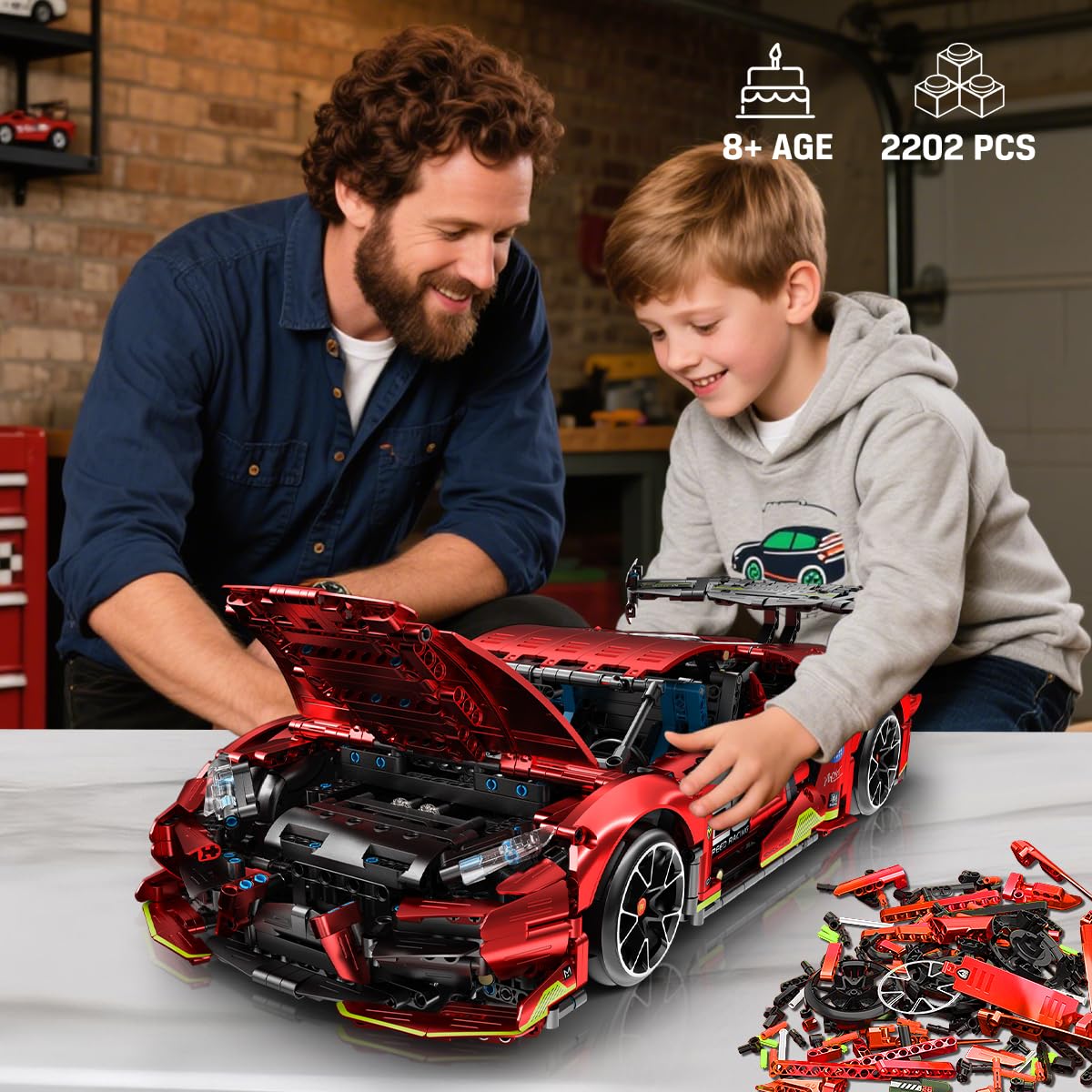 HiWEEGO Technique Kit de Construction de Voiture Télécommandée – Échelle 1:10 2,4 GHz Rechargeable Drift Voiture de Course 2202 Pièces Modèle de Voiture de Course Jouet de Construction pour Enfants