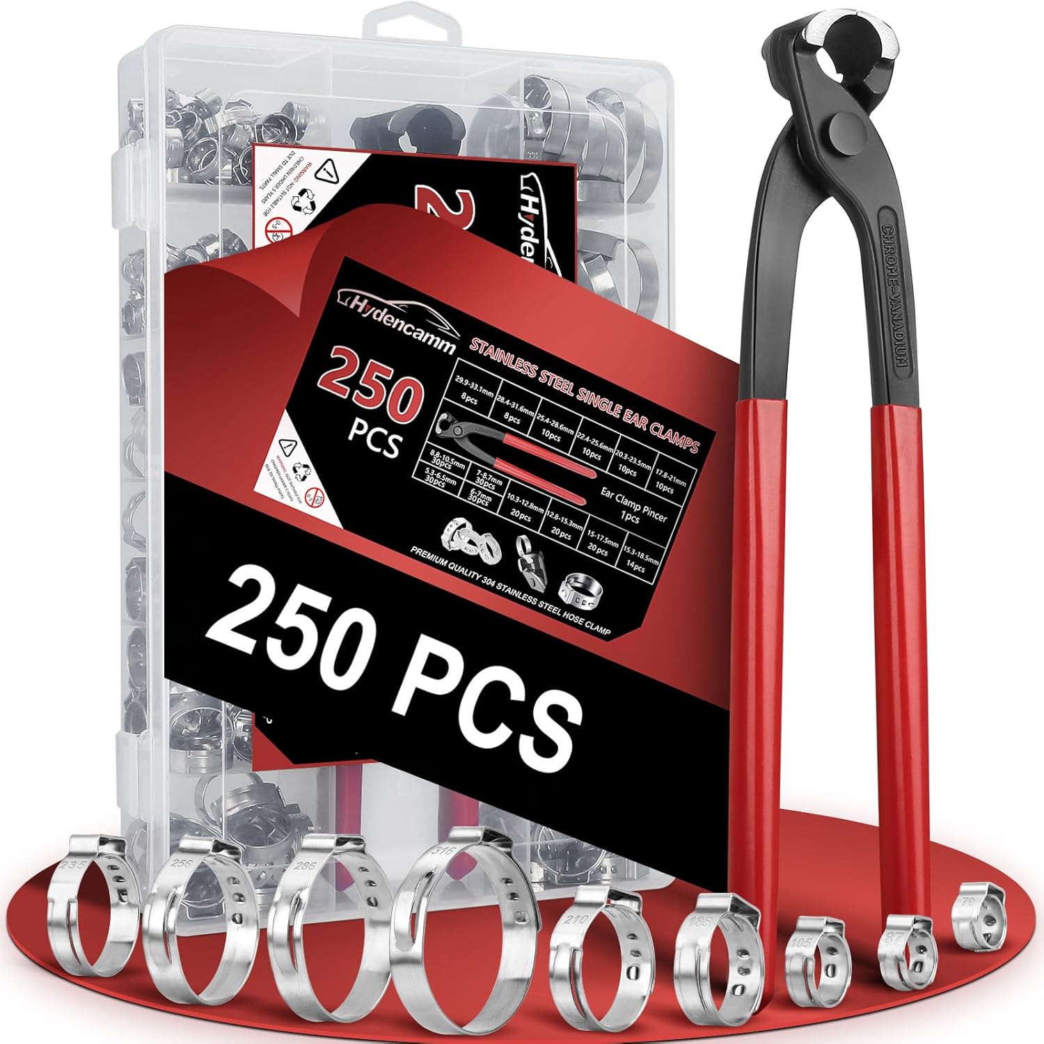 250PCS 14 Sizes Single Ear Hose Clamp, 5.3-33.1mm 304 Stainless Steel Ear Clamp Kit with Ear Clamp Pincer, Stepless Hose Clamps Cinch Rings for Automotive, Home Appliance Line and Plumbing