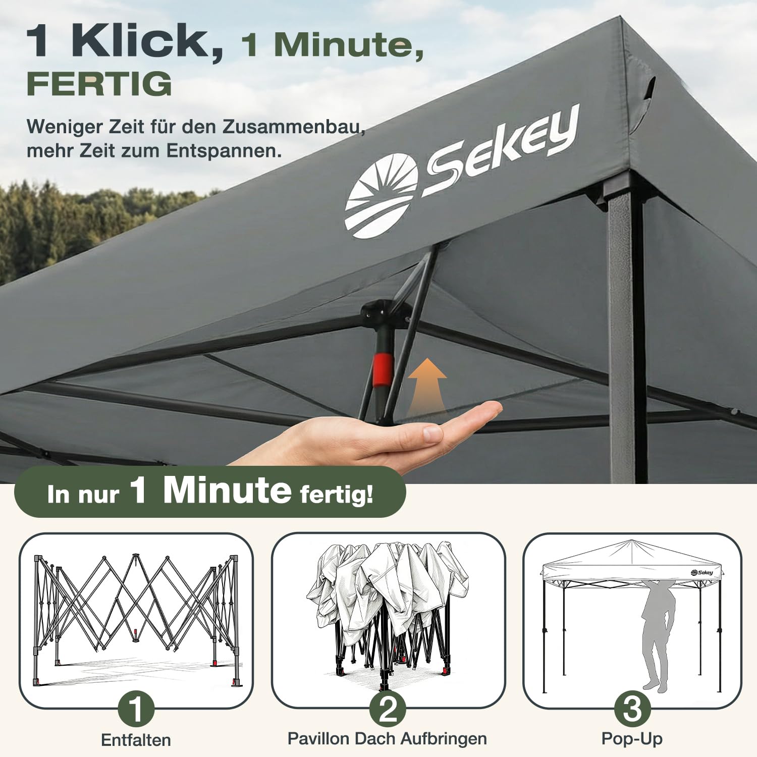Sekey One-Touch Pop Up Pavillon 3x3 Wasserdicht Stabil Winterfest, Faltpavillon 3x3m mit Verdickten Röhren, Partyzelt Pavillion Klappbar für Camping Festival Party, Premium Serie 3x3, Anthrazit