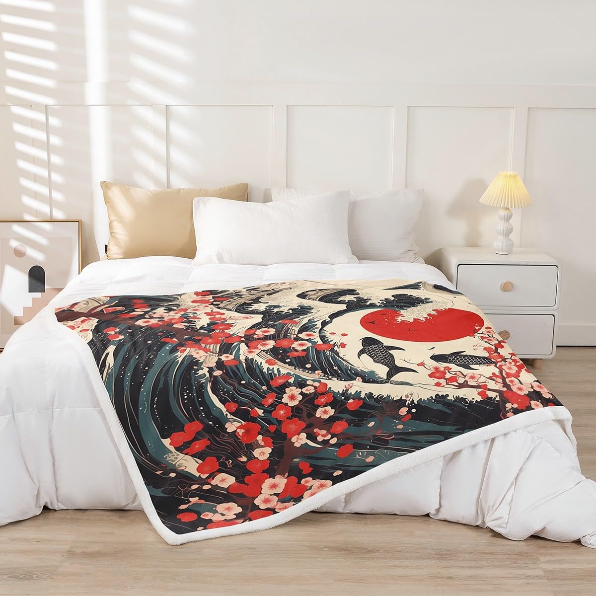 Erosebridal Japanese Ukiyo Theme Sherpa Blanket Koi Fish Cherry Blossom Twin 60"X80" Fleece Blanket Ocean Nautical Throw Blankets for Kids Boys Girls Adults,Sakura Floral Sunset Plush Bed Blanket