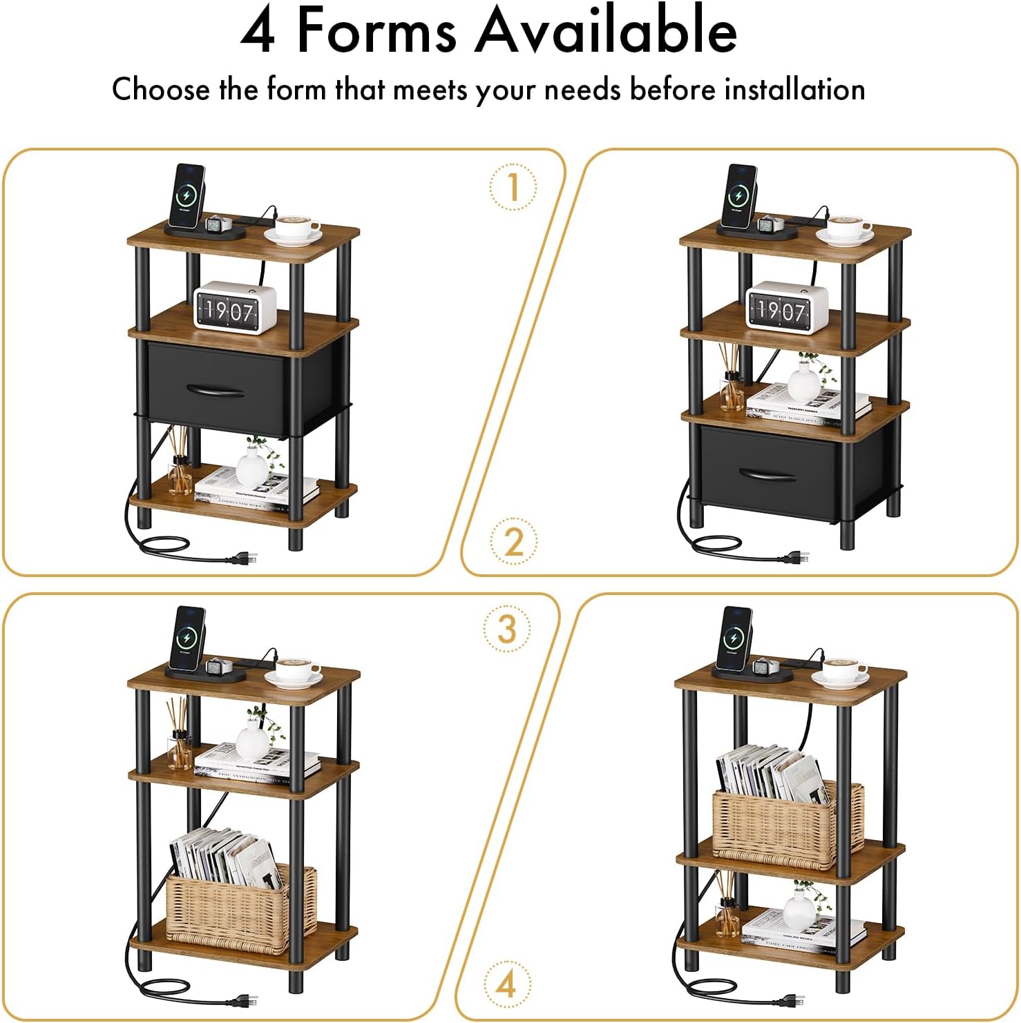 Bedroom Nightstand with Charging Station, Bedside Table with Adjustable Fabric Drawer, 3-Tier Night Table, 2-Min Installation Without Tools, Bedroom Side Table, Rustic Brown and Black