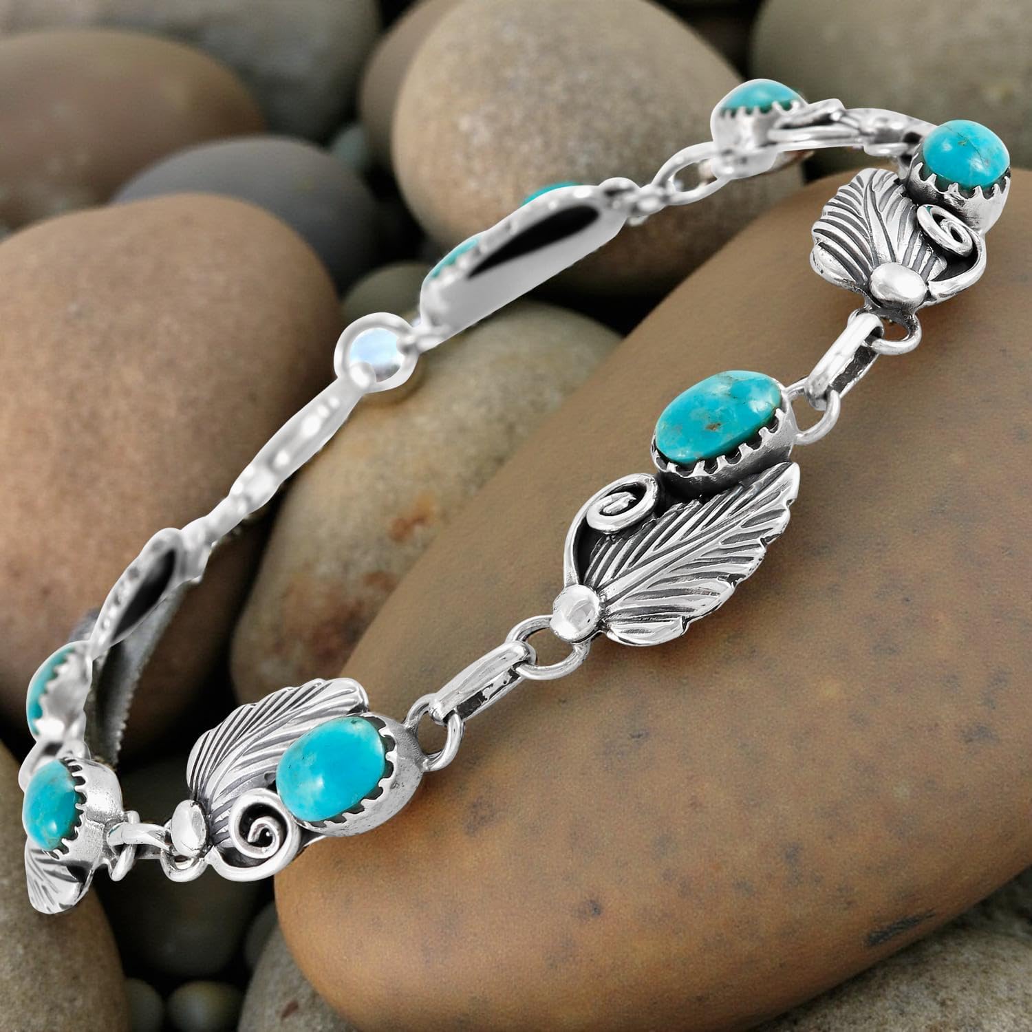 Turquoise Bracelet Sterling Silver 925 Genuine Gemstones Link Bracelet
