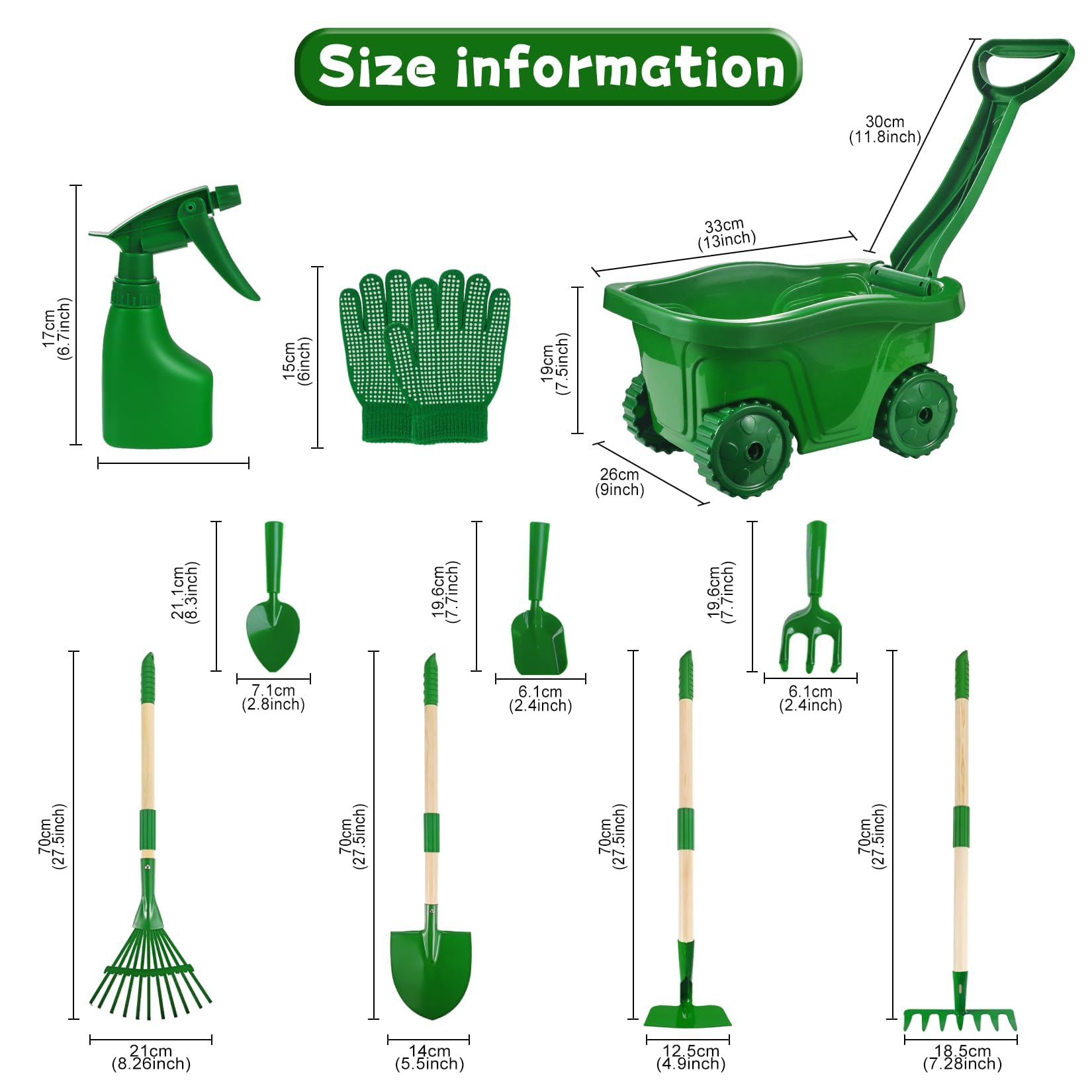 Set di 7 attrezzi flessibili per bambini, adatti per giardinaggio, spiaggia e giardino, per assaporare l'ambiente naturale in ABS e legno