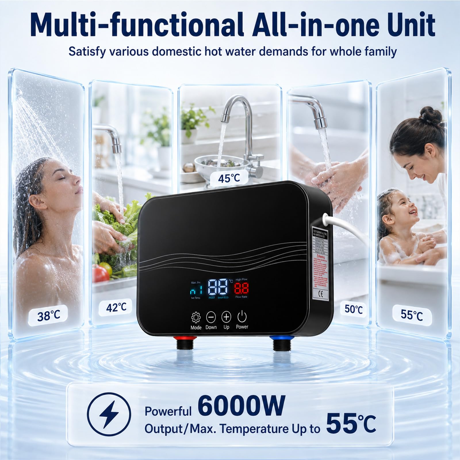 Chauffe-eau électronique de cuisine 6000 W, chauffe-eau électrique avec interrupteur FI et écran tactile LED, mini chauffe-eau instantané Plug and Play pour salle de bain, cuisine