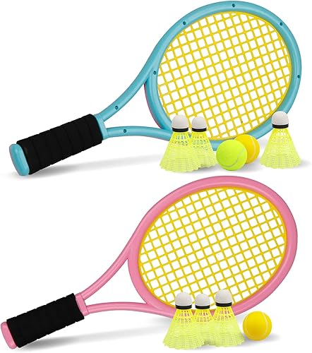 Crefotu Juego de raquetas de tenis para niños pequeños, mango de esponja, incluye 6 bádminton, 1 pelota de tenis, bolsa y 2 pelotas, aumenta los