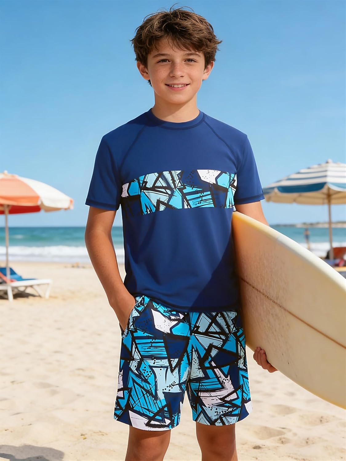 Boys Rash Guard Swimsuit Kids Bathing Suit Swim Trunk with Shirt 2 Piece Set for 7-14 - Image 2