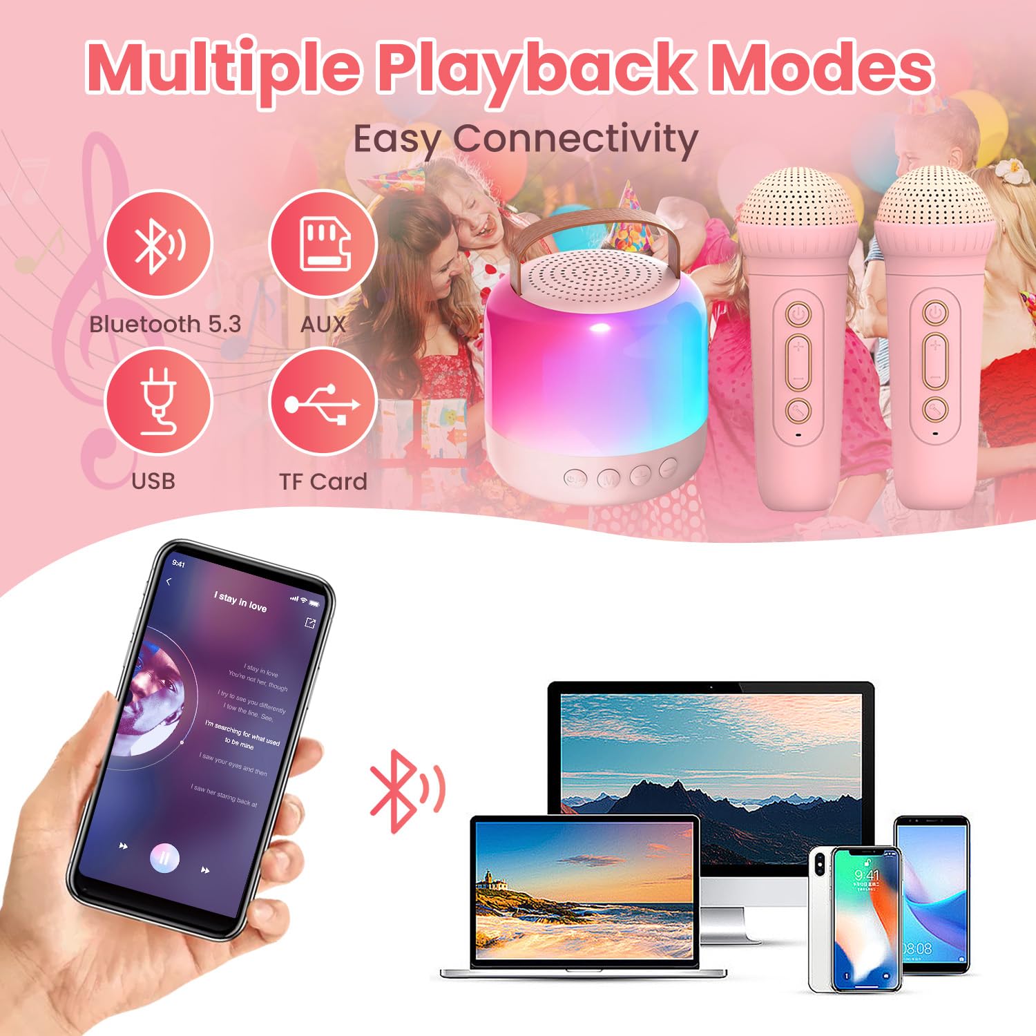 AIUNAOM Macchina per Karaoke con 2 Microfoni Senza Fili per Bambini, Cassa Bluetooth Portatile con LED ed Effetti Sonori - Regalo di Natale Ideale per Ragazze 3-12 Anni