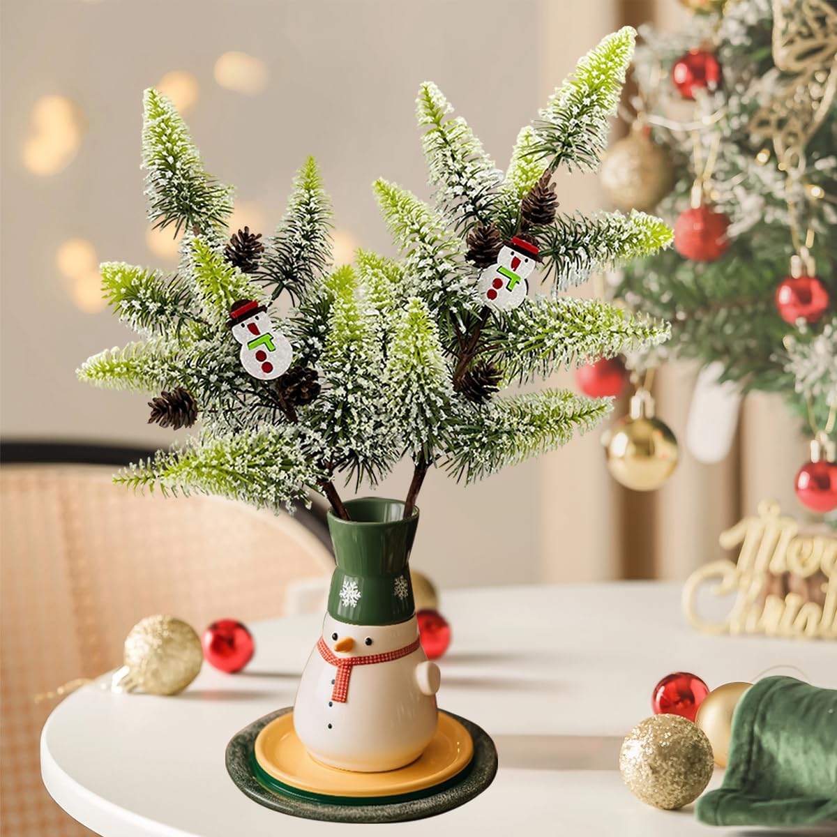 SNAIL GARDEN Snowman Christmas Greenery Stems, 19.6in Mini Tabletop Christmas Tree, Frosted Faux Pine Branches for Winter Decor, Norfolk Pine Stems for Floral Arrangement, Gift DIY Holiday Decor