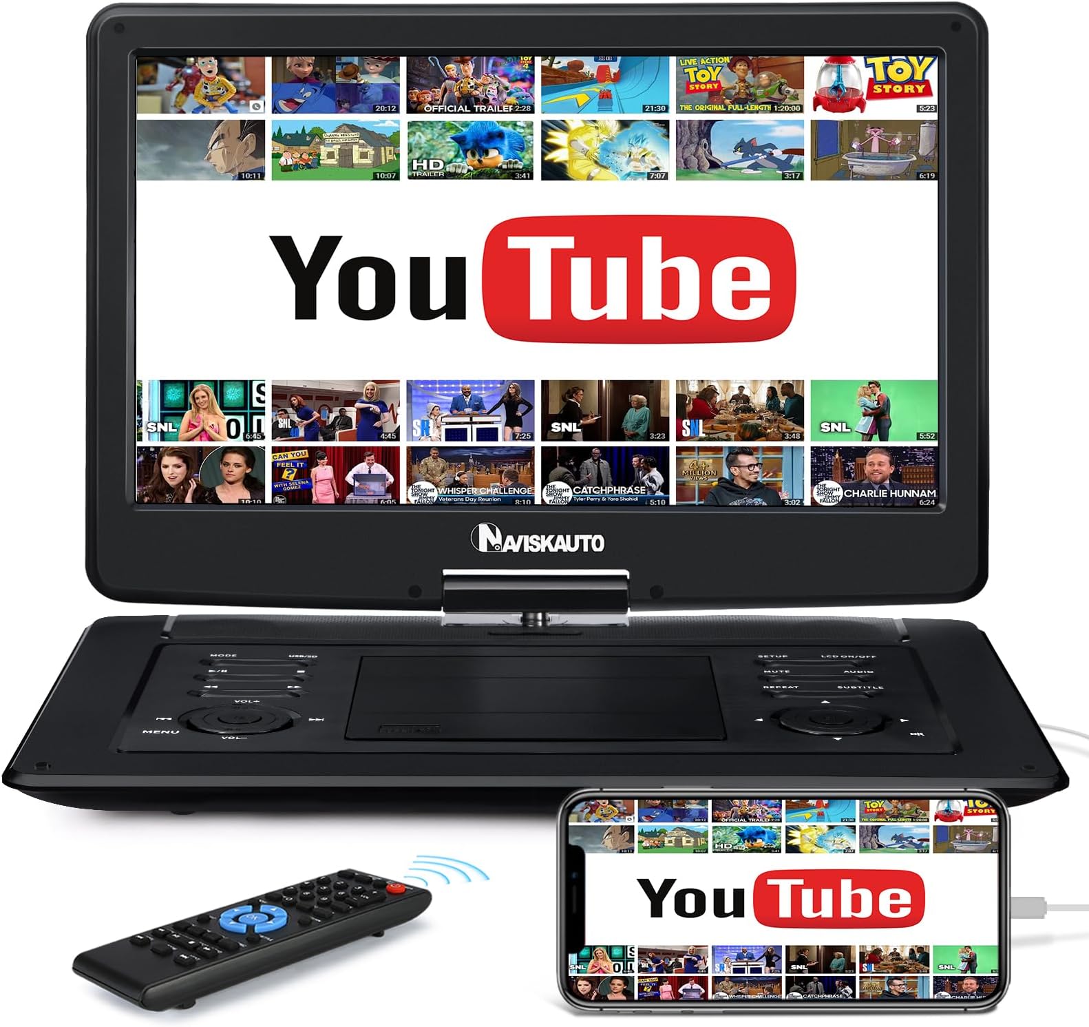 NAVISKAUTO 18" Portable DVD Player with 16'' Large Screen, Support HDMI Input, Inbuilt 5000mAh Rechargeable Battery, 1600 * 900, Sync Screen, USB, SD, Last Memory, AV Out, Region Free