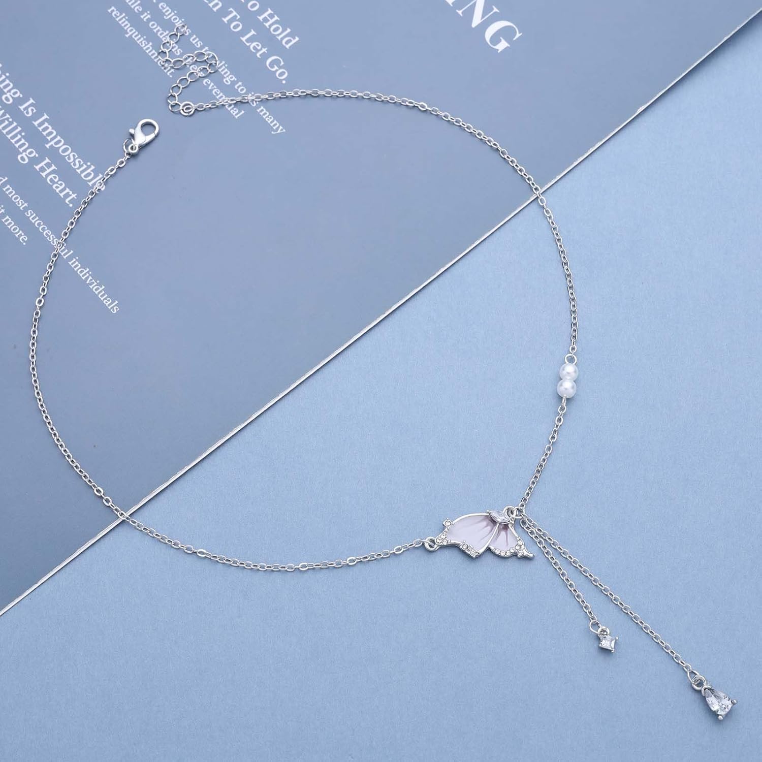 Andelaisi Boho Butterfly Y Lariat Necklace Vintage Pearl Butterfly Choker Necklace Silver Crystal Tassel Drop Necklace Adjustable Butterfly Chain Necklace Jewelry for Women - Image 3