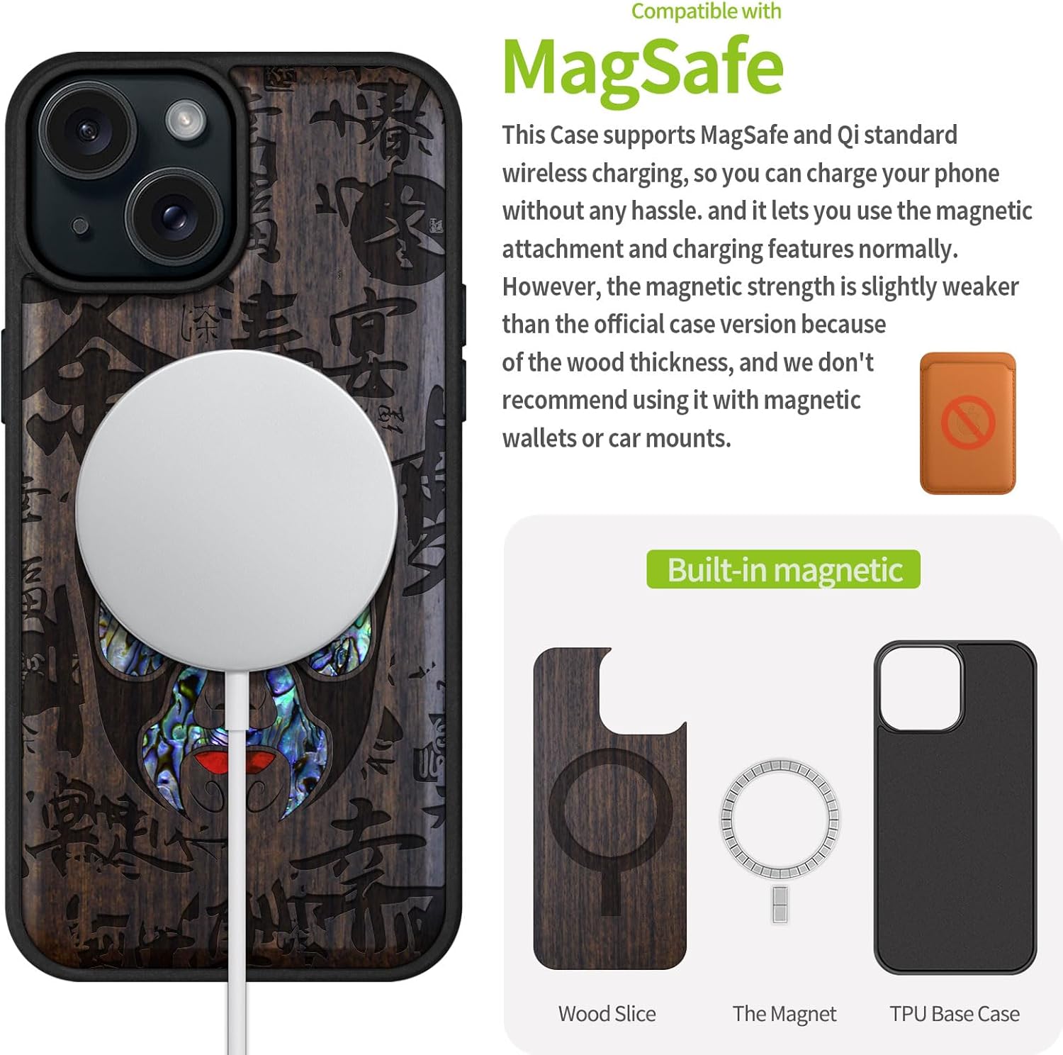 Carveit Wooden Case for iPhone 15 Magnetic Case, Compatible with MagSafe Wireless Chargers, Shockproof Cover, Handmade Shell Inlaid & Wood Artisan Engraved (The Chinese Opera Mask) Blackwood