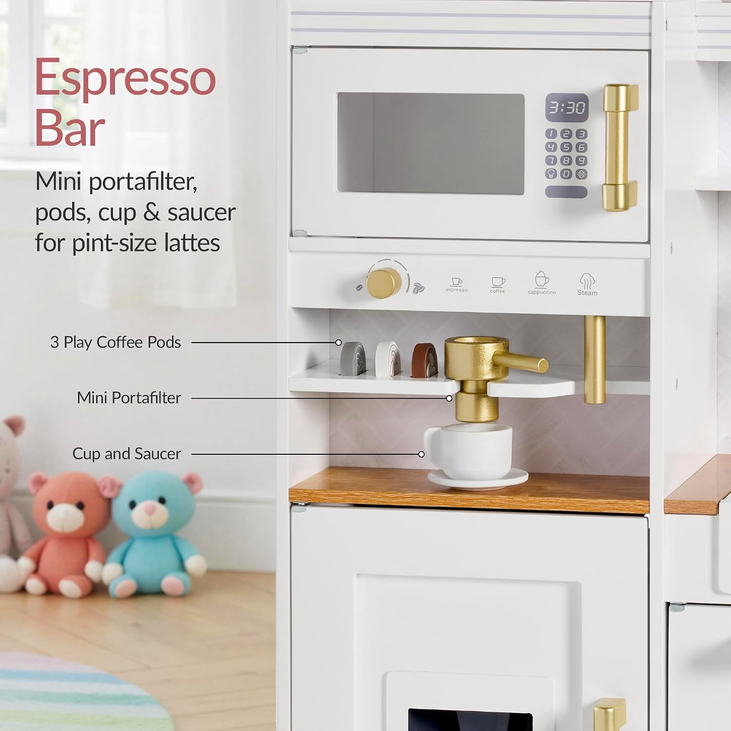 Best Choice Products Toddler Kitchen Playset with Pretend Play Espresso Machine, Interactive Wooden Kids Play Kitchen Equipped with Toy Storage and 17 Accessories - White