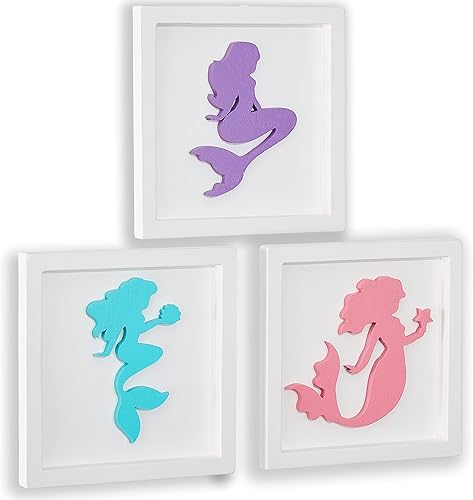 Juego de decoración de cuarto de bebé color rosa aguamarina - Arte de pared con marco de madera de sirena 3D, decoración colgante para dormitorio de