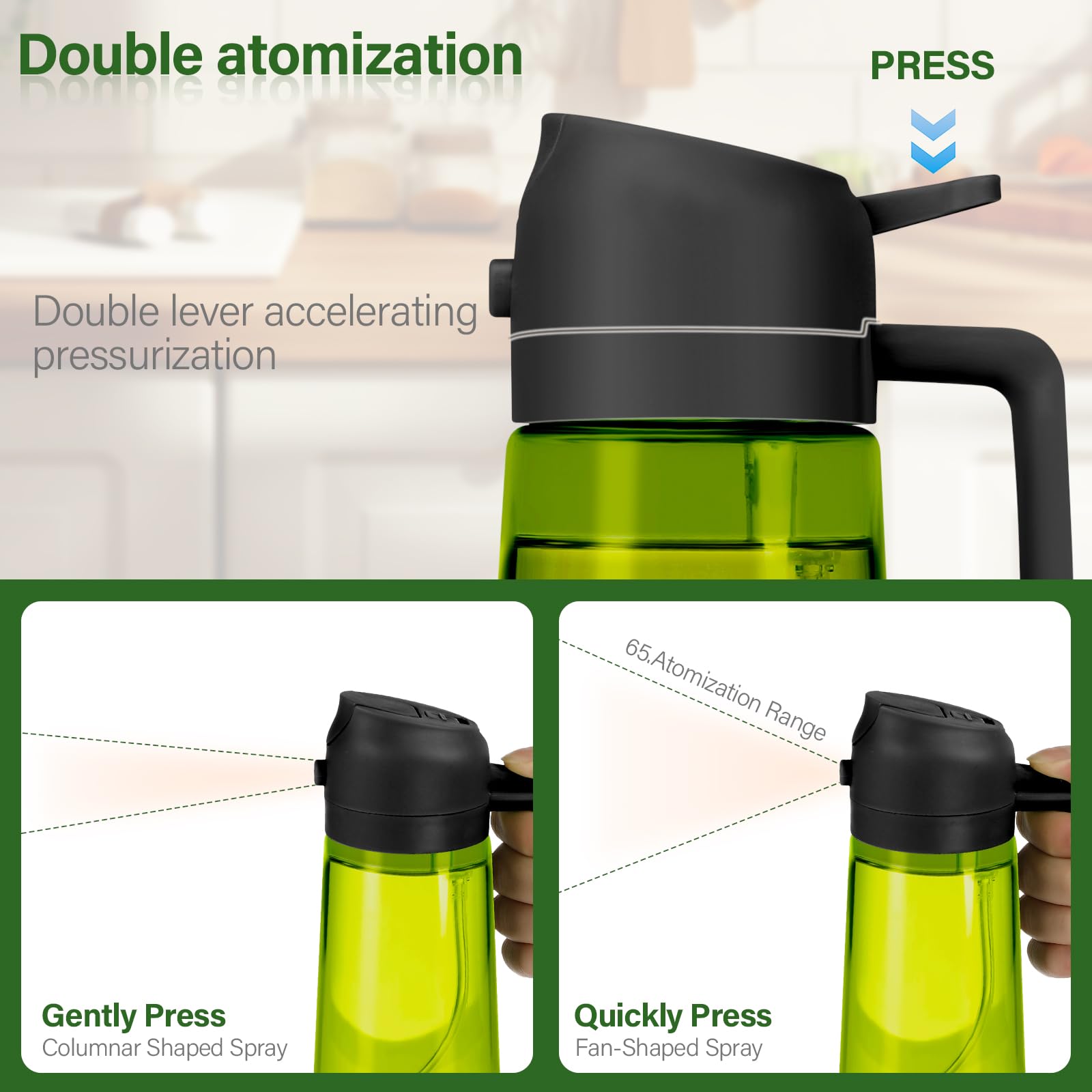 Pulvérisateur D'huile 3 En 1 En Verre Vert - 470 Ml | Distributeur Huile Cuisine Avec Protection UV Et Base Antidérapante