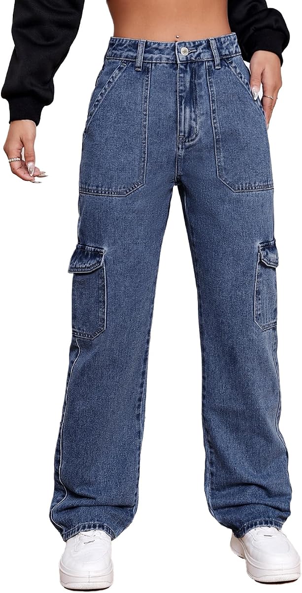 Metietila Pantalones vaqueros cargo de talle alto para mujer, pantalones vaqueros elásticos de pierna ancha, a la moda