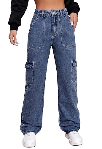 Metietila Women's High Rise Cargo Jean Stretch Straight Wide Leg Jeans Denim Pants for Women - A-authentic Blue - Small