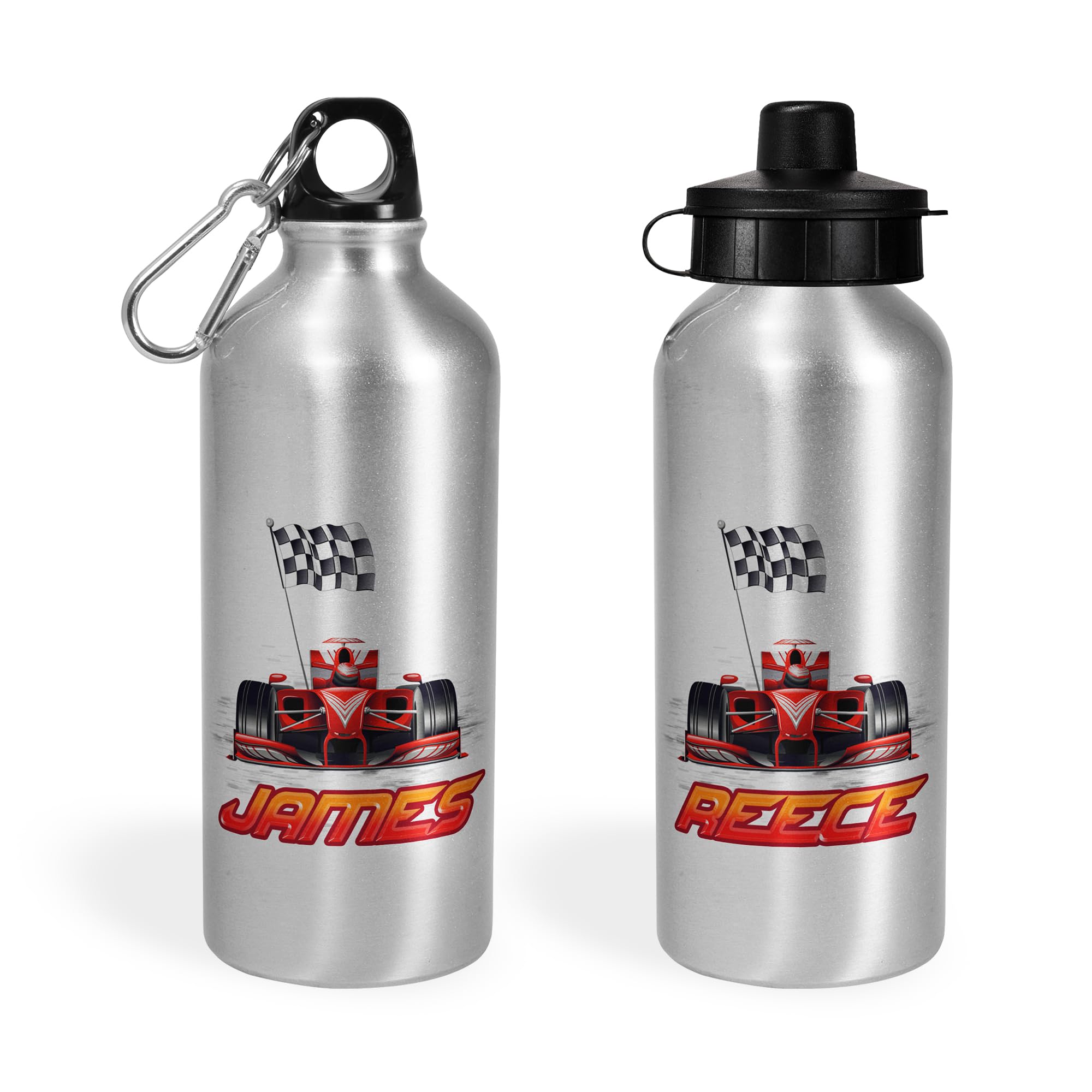 Print Maniacs Personalised Water Bottle School Sport Cap Drink White Silver 600ml or 400ml Aluminium Kid Boys Girls Biking Gift Racing Car (Silver, 600ml)