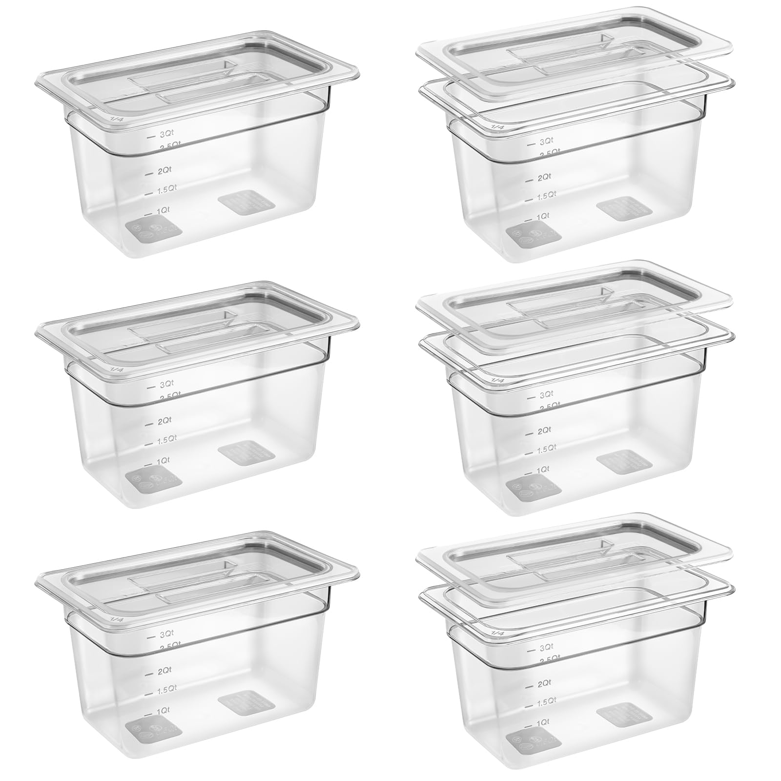 Paquete de 6 sartenes transparentes de 1/4 de 6 pulgadas de profundidad con tapas, sartenes comerciales de policarbonato transparente para almacenamiento de alimentos, sartén de plástico apilable con