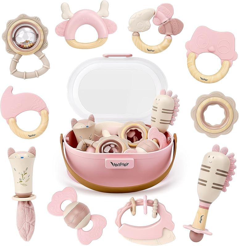 Baby Toys 0-6 Months, Baby Rattles, Teething Toys 3-6 Months, Infant Toys 6-12 Months, 10PCS Pink Sensory Rattles & Teethers with Storage Box, Newborn Shower Gift Girl