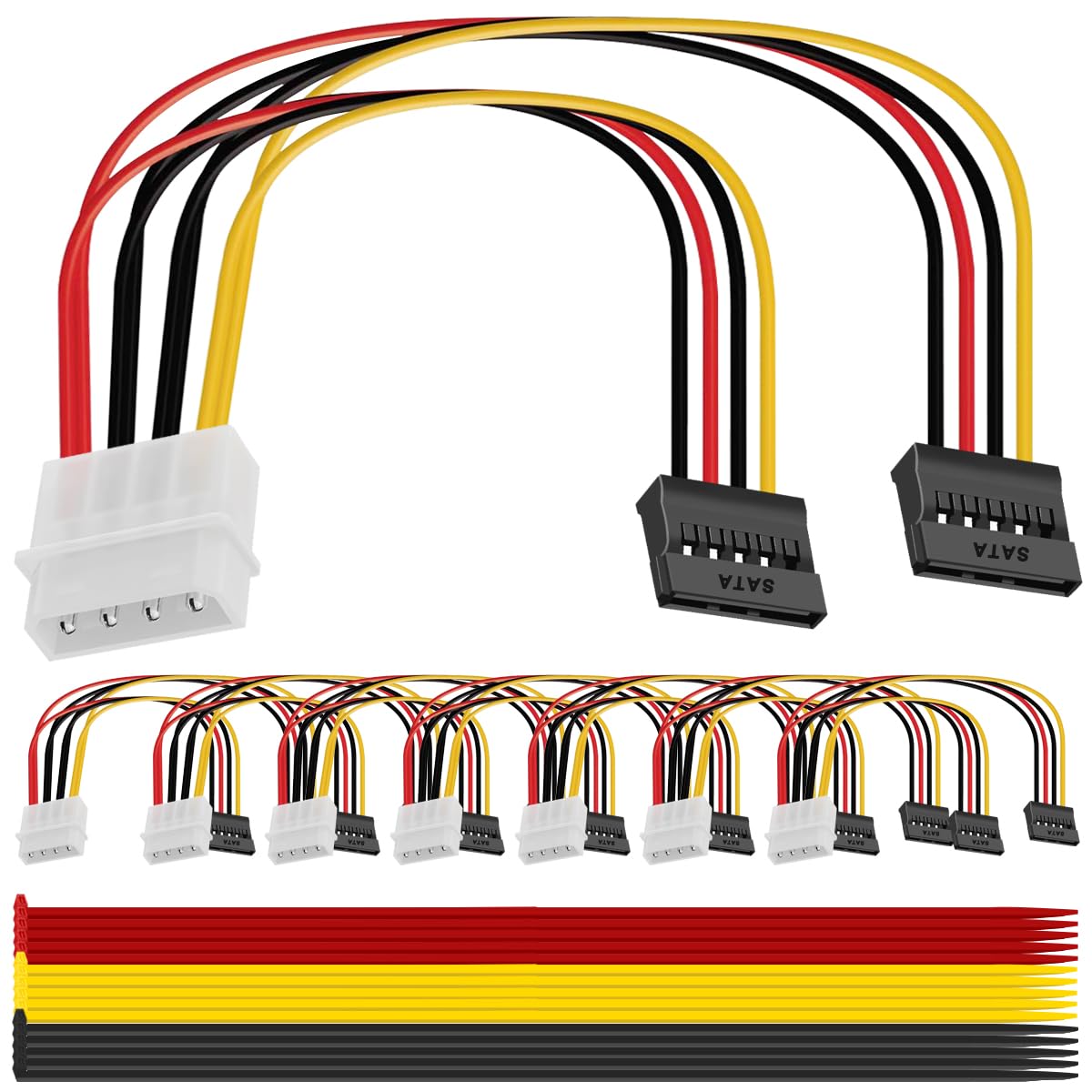 MKBKLLJY 8PCS 4 Pin Molex to Dual SATA Power Y-Cable Adapter 4 Pin IDE Molex Male to 15 Pin Dual SATA Female Power Splitter Adapter Cable 18AWG Copper Serial ATA Hard Drive Extension Cable (18cm)