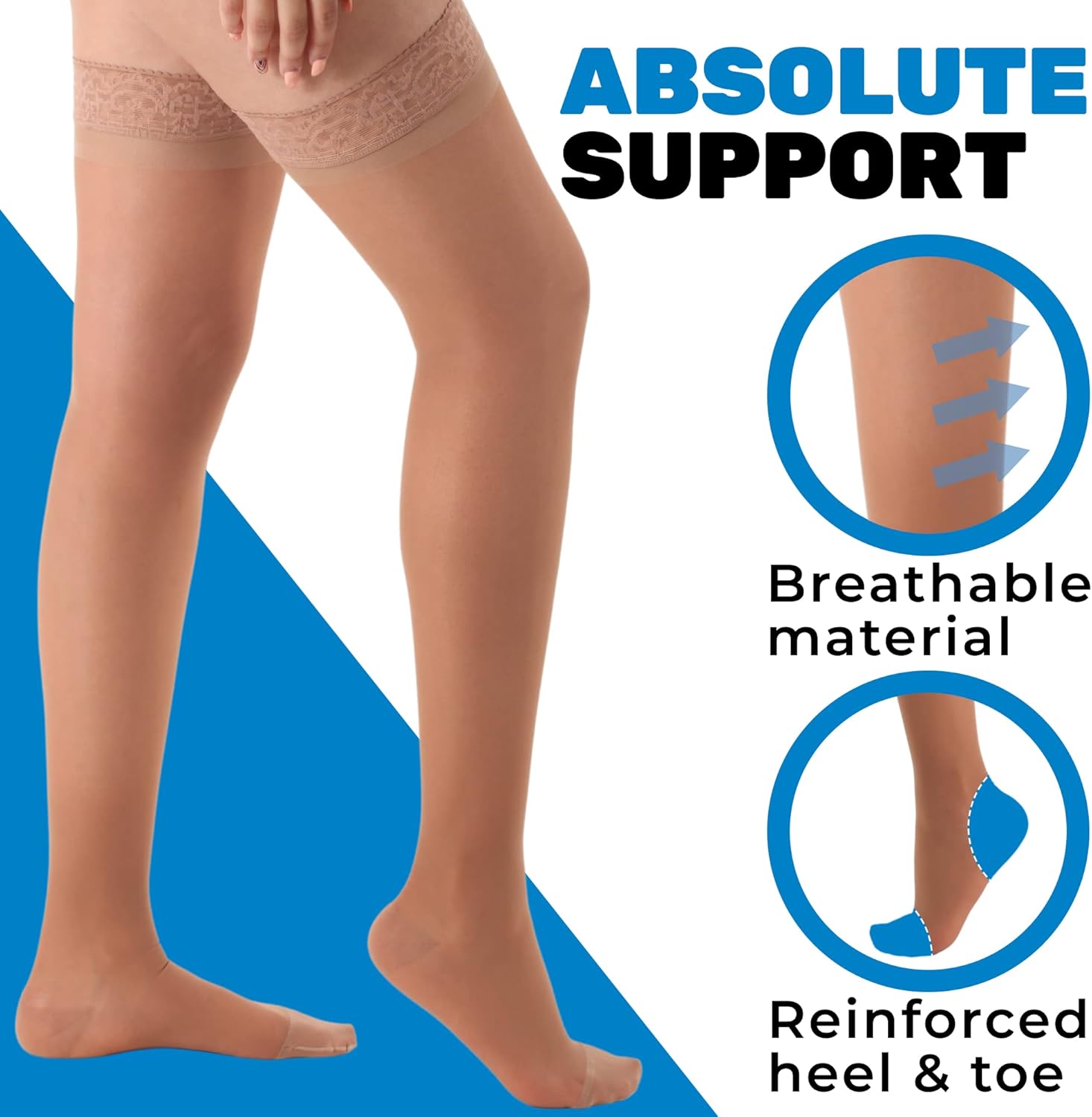 ABSOLUTE SUPPORT (2 Pairs) Made in USA - Compression Knee High Stockings with Silicone Border for Women 15-20mmHg | For Swelling, Maternity and Varicose Veins - Beige & Nude, X-Large