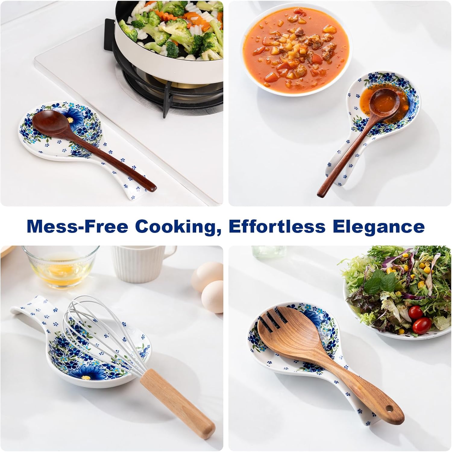 Large Ceramic Spoon Rest for Stove Top, Blue Floral Spoon Holder