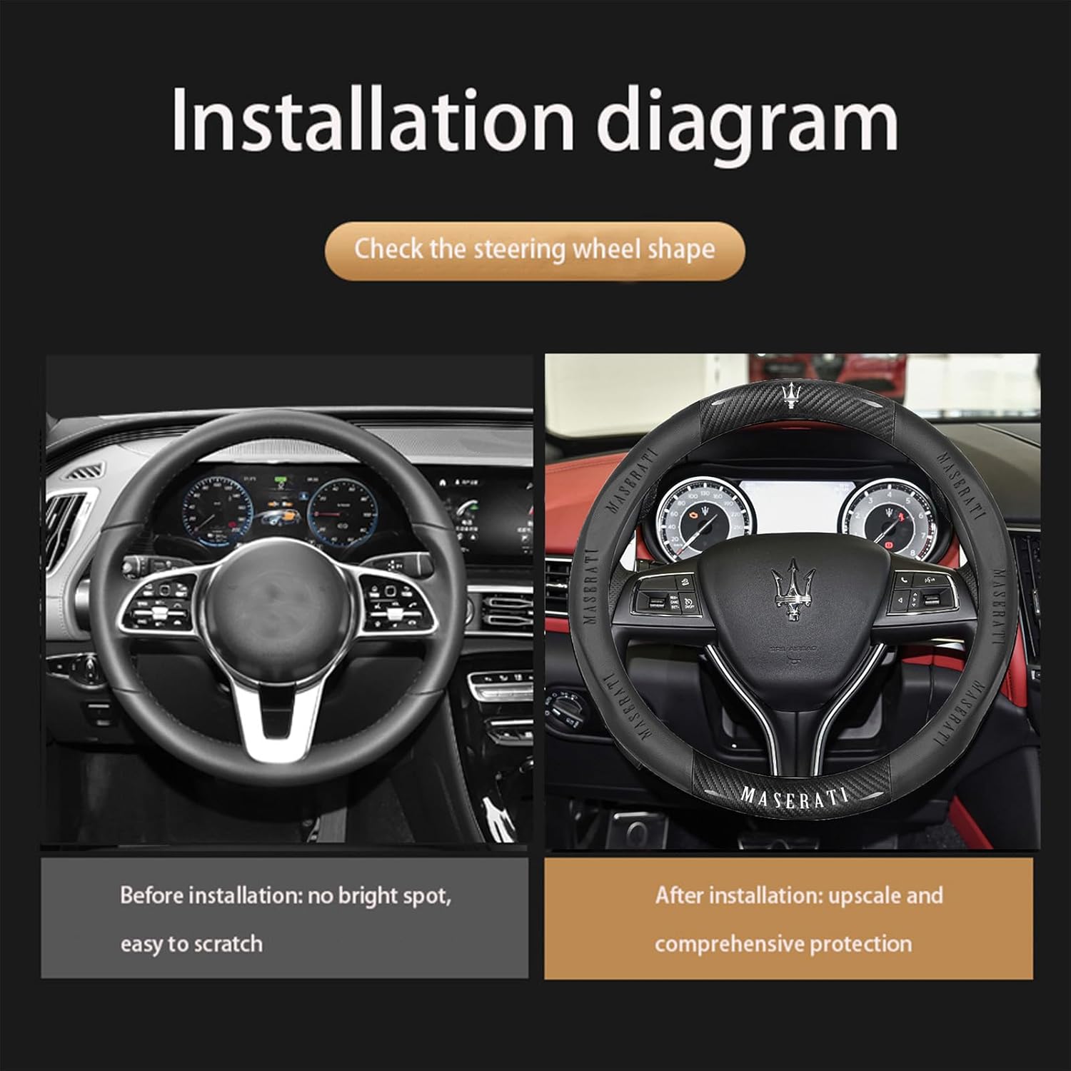 New Fit Maserati Leather Steering Wheel Cover,Stylish Nappa Leather Carbon Fiber Texture Protector,Non-Slip,Universal 15inch Fit Maserati Ghibli Levante Quattroporte GranTurismo Accessories