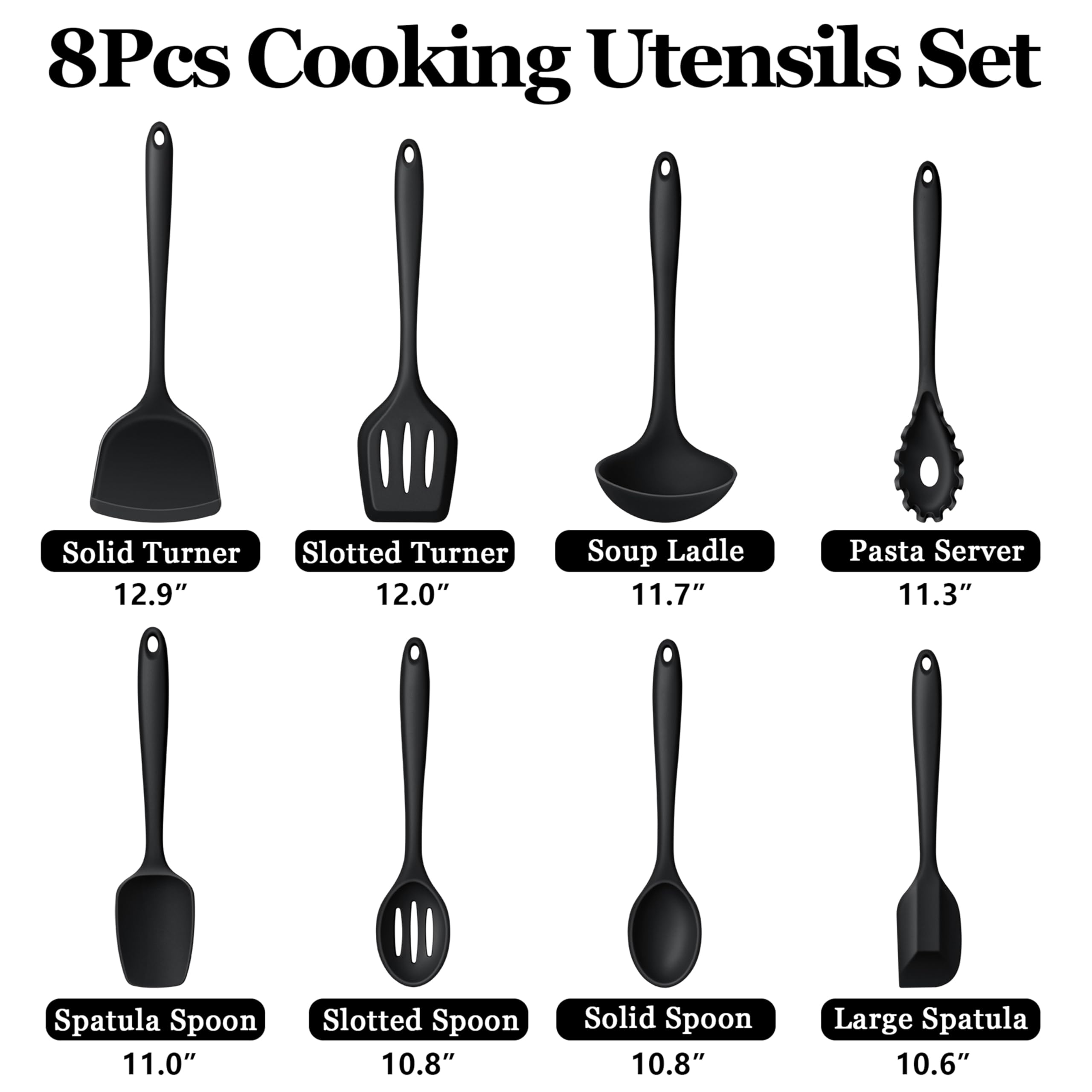 LIANYU 8Pcs Cooking Utensils Set, Heat Resistant Kitchen Utensils, Silicone Utensils Spatula Set for Nonstick Cookware with Spatula, Ladle, Turner, Spoon, Dishwasher Safe, Black