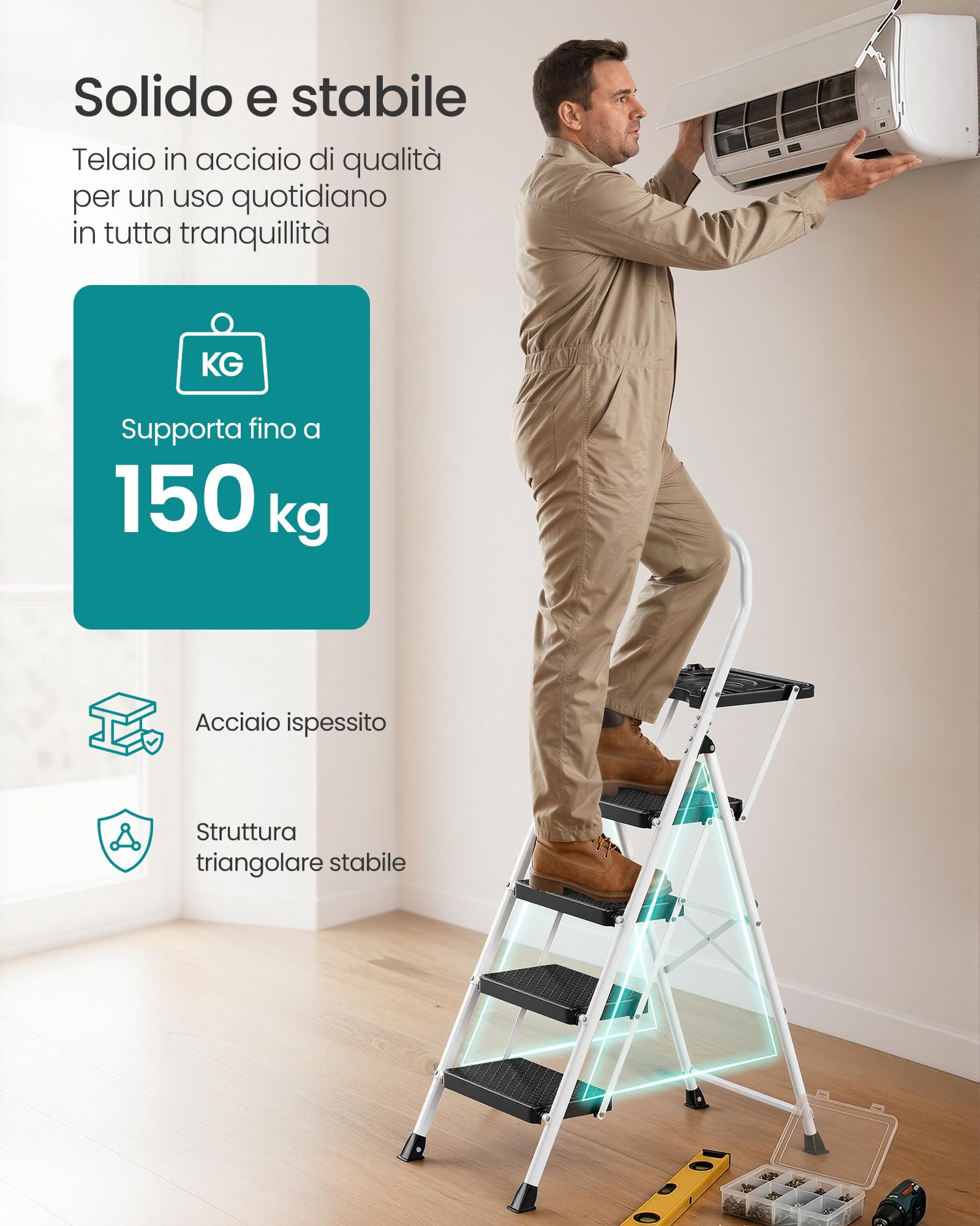 SONGMICS Scala in Acciaio, Scaletta Sgabello Pieghevole a 4 Gradini, Portata Massima 150 kg, per Casa, Ufficio, Giardino, 84 x 45,5 x 145,2 cm, Bianco GSL204WZ01