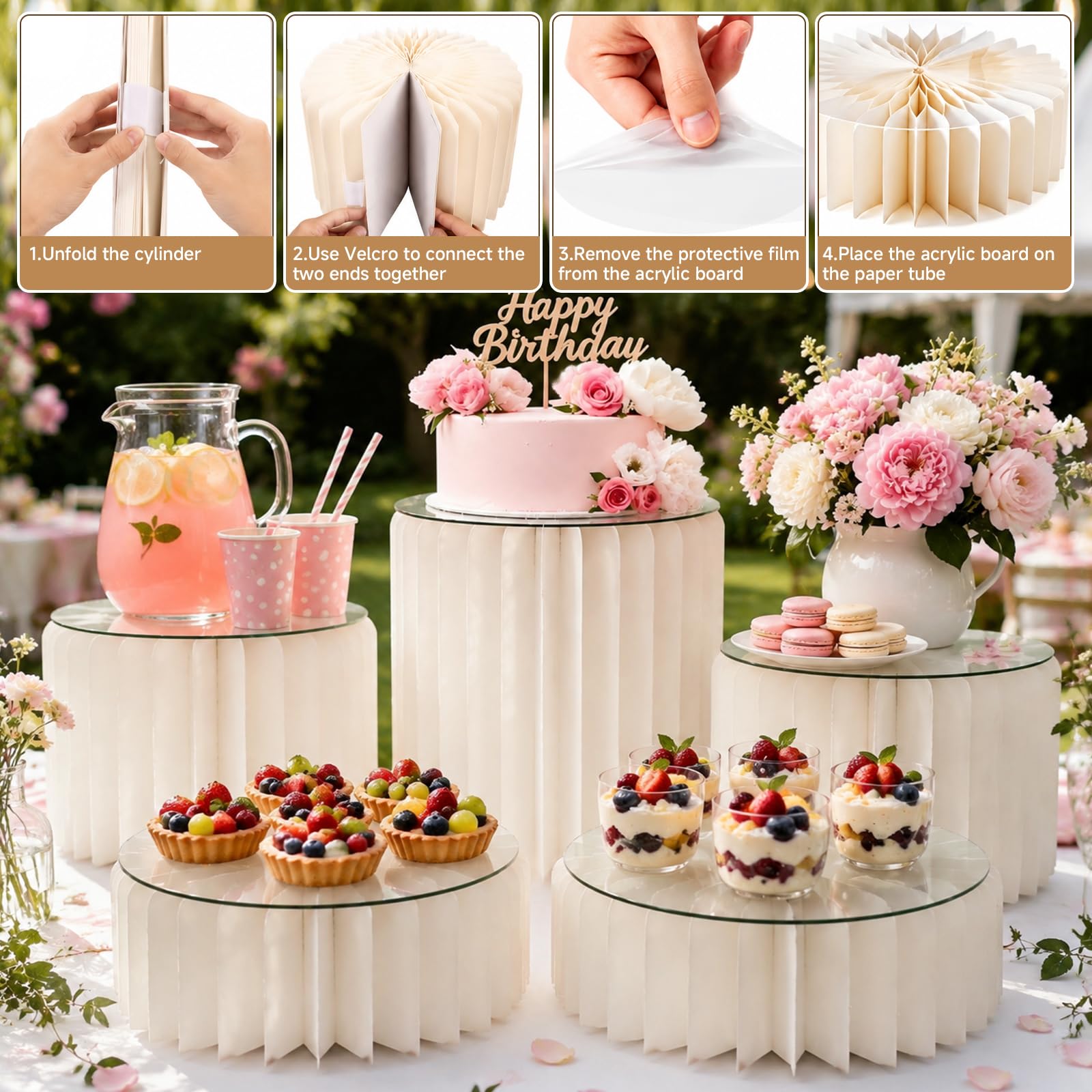 Lot de 5 présentoirs à gâteaux pliables, rehausseurs de buffet, présentoirs en carton avec plaques rondes en acrylique, présentoir à gâteau pour mariage, anniversaire, décoration de fête