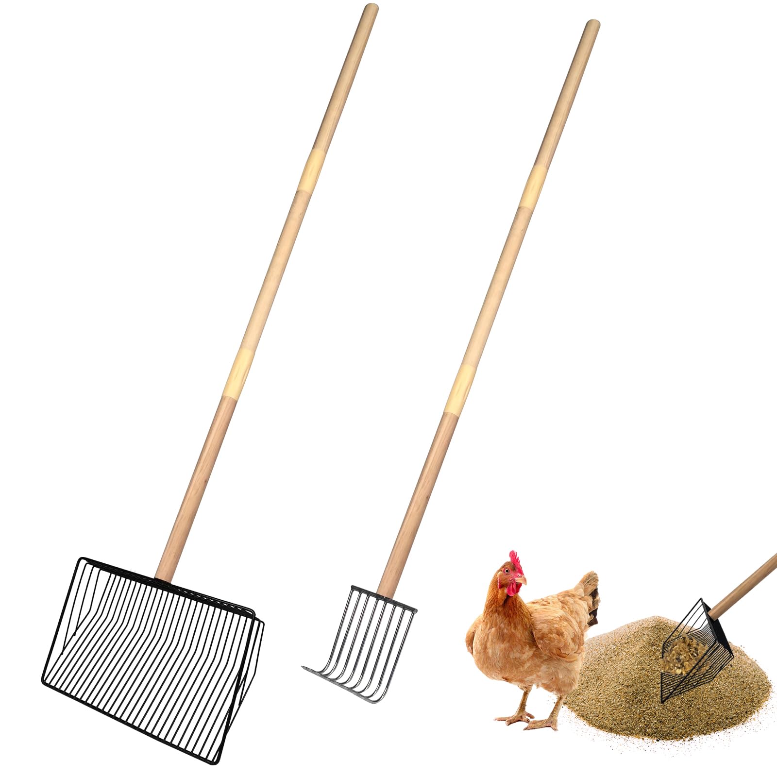 succulentlovers 2 Pack Chicken Poop Scooper & Chicken Coop Rake, Large Metal Chicken Scoop 3 in 1 Sifting Shovel Wooden Handle, Detachable Chicken Coop Cleaning Tools for Chicken Coop Accessories