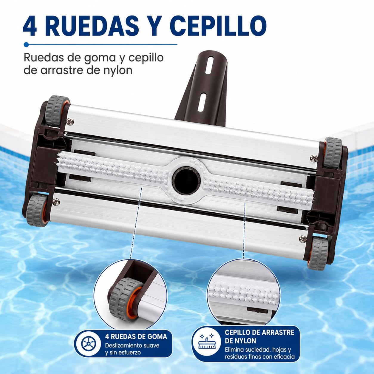 Limpiafondos de Aluminio AQUAPOOL Pro Manual para Piscinas, 33 cm, con 4 Ruedas de Goma y Cepillo de Nylon (33 cm PALOMILLA)