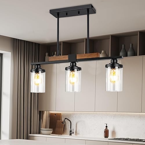 Miniatura 8 de Lámpara de comedor sobre mesa, iluminación de isla de cocina de 4 luces de granja, lámpara de madera moderna con altura ajustable, grandes luces