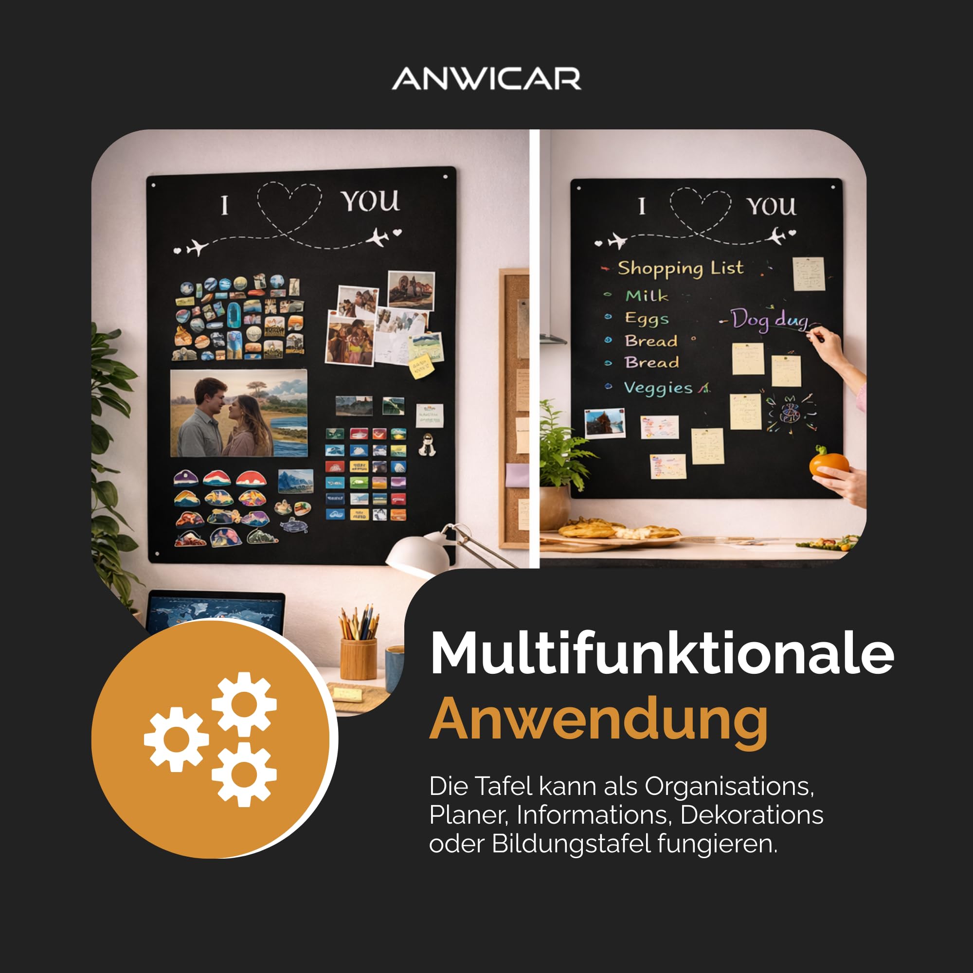 Magnettafel für Erinnerungen Koffer Schwarz 74x49 cm | Magnetisches Stahlboard für Magnete, Fotos und Notizen, Beschreibbar, Montageset inklusive