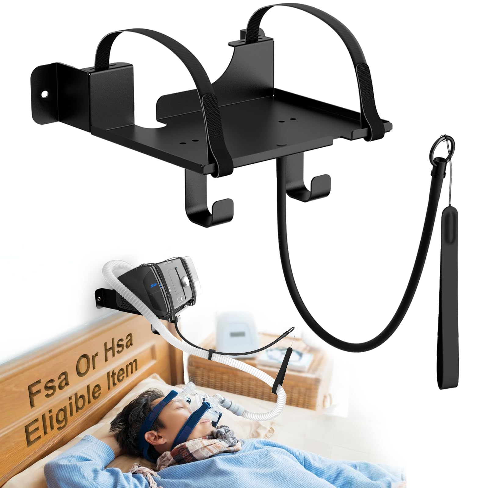 CPAP Wall Mount Shelf Compatible with ResMed AirSense 10 with Adjustable Angle CPAP Hose Holder and Hook for CPAP Tube &amp; Mask [Avoid Hose Entanglement], CPAP Supplies Stand for Bedside Organization