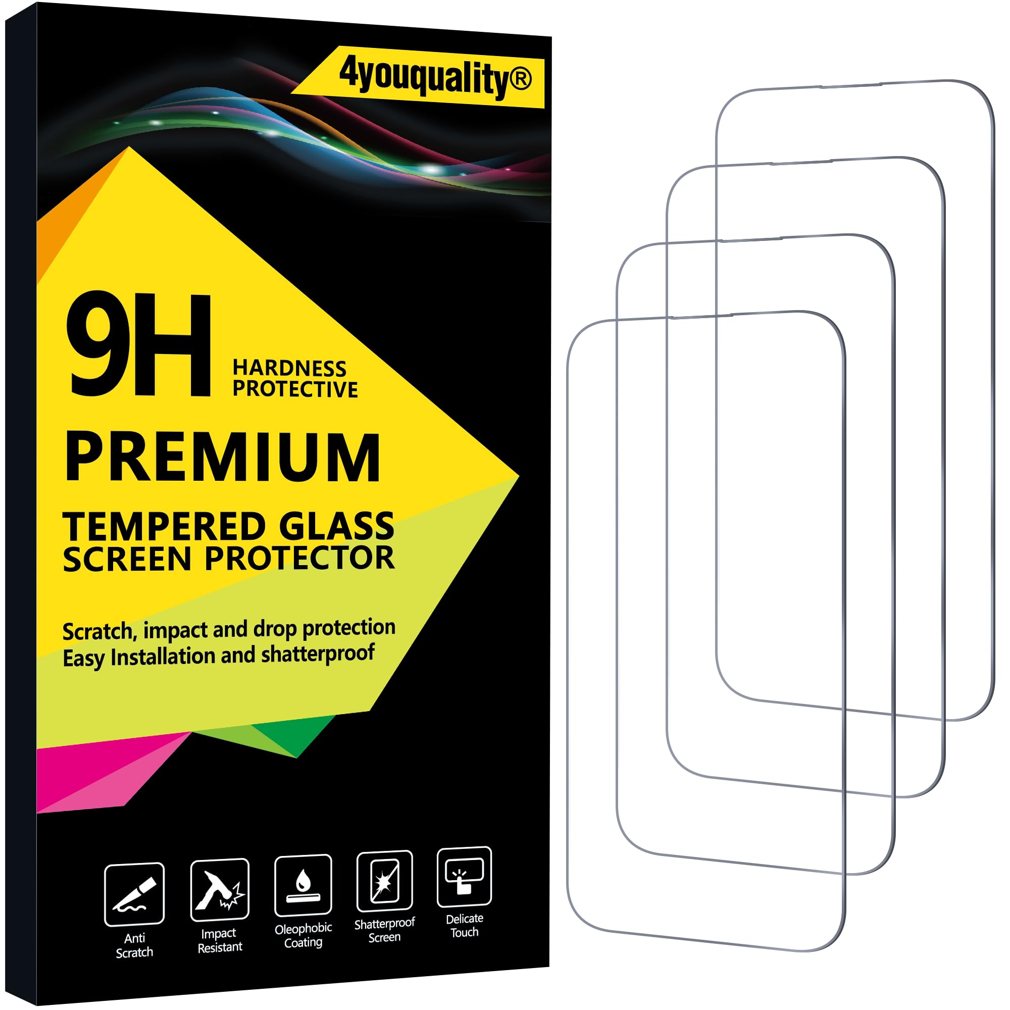4youquality (4-In-1 Screen Protector for iPhone 17e / 16e, iPhone 14, iPhone 13 & 13 Pro 6.1-Inch, 9H Tempered Glass Film, Case Friendly, Impact-Protection, Ultra HD, LifetimeSupport