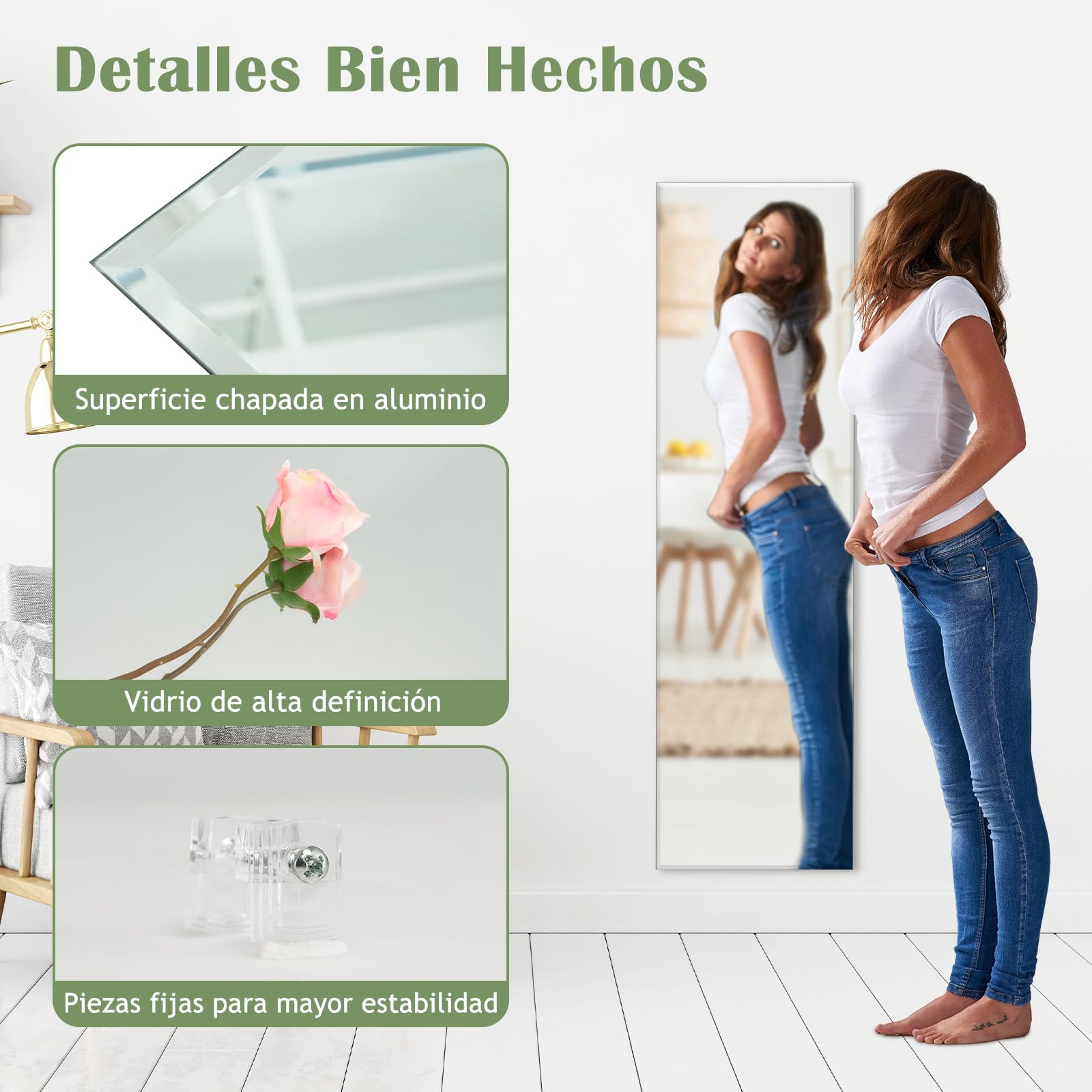 GOPLUS espejo de Pared Cuerpo Entero 110 cm x 38 cm, Espejo Rectangular Grande sin Marco, Estilo Moderno, para Salón Dormitorio Baño Vestidor, con Accesorios de Montaje