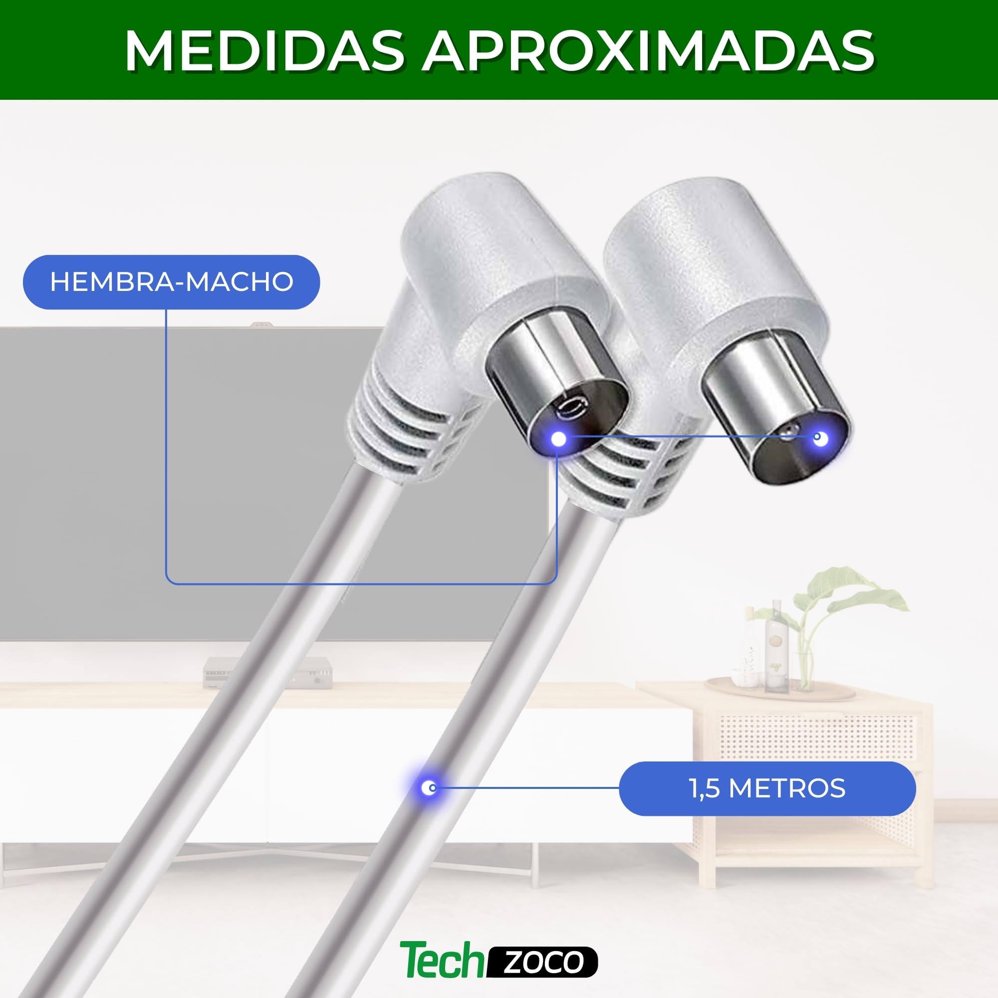 Cable antena TV macho hembra, cable coaxial antena TV, Cable antena TV 90º acodado, Cable televisión, decodificador, 70dB, HDTV, DVB-T2, DVB-C, DVB-S, TV y Radio, 75 Ohm, Blanco, 1.5 metros - imagen 3