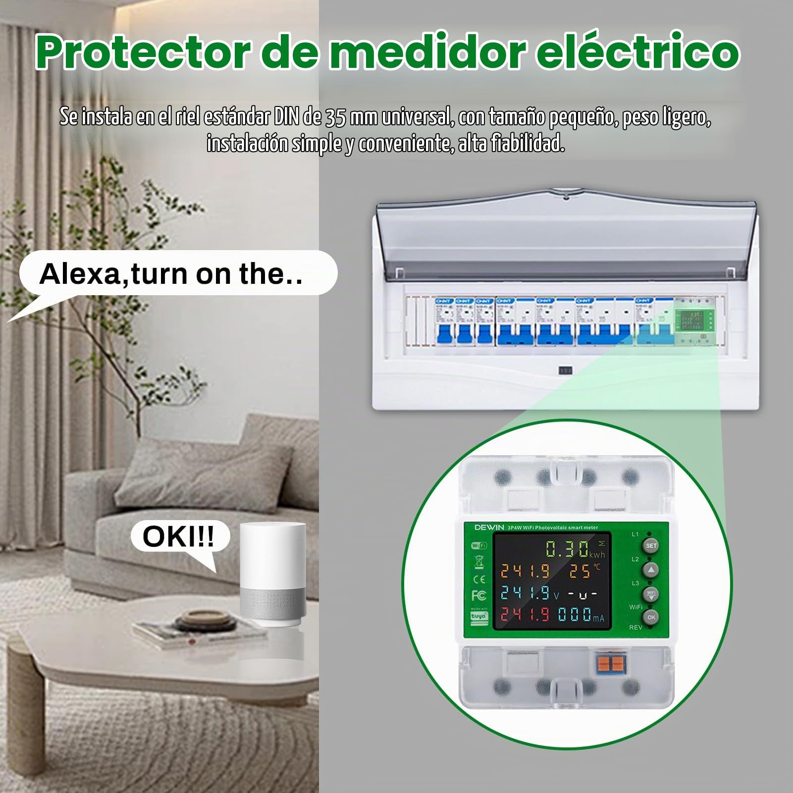 DEWIN WiFi Medidor de Consumo Electrico Trifásico 100A 380VAC Contadores de Energía Trifásicos sobre Raíles Medidor Energia WiFi con Control de Tiempo(con manuales en español)