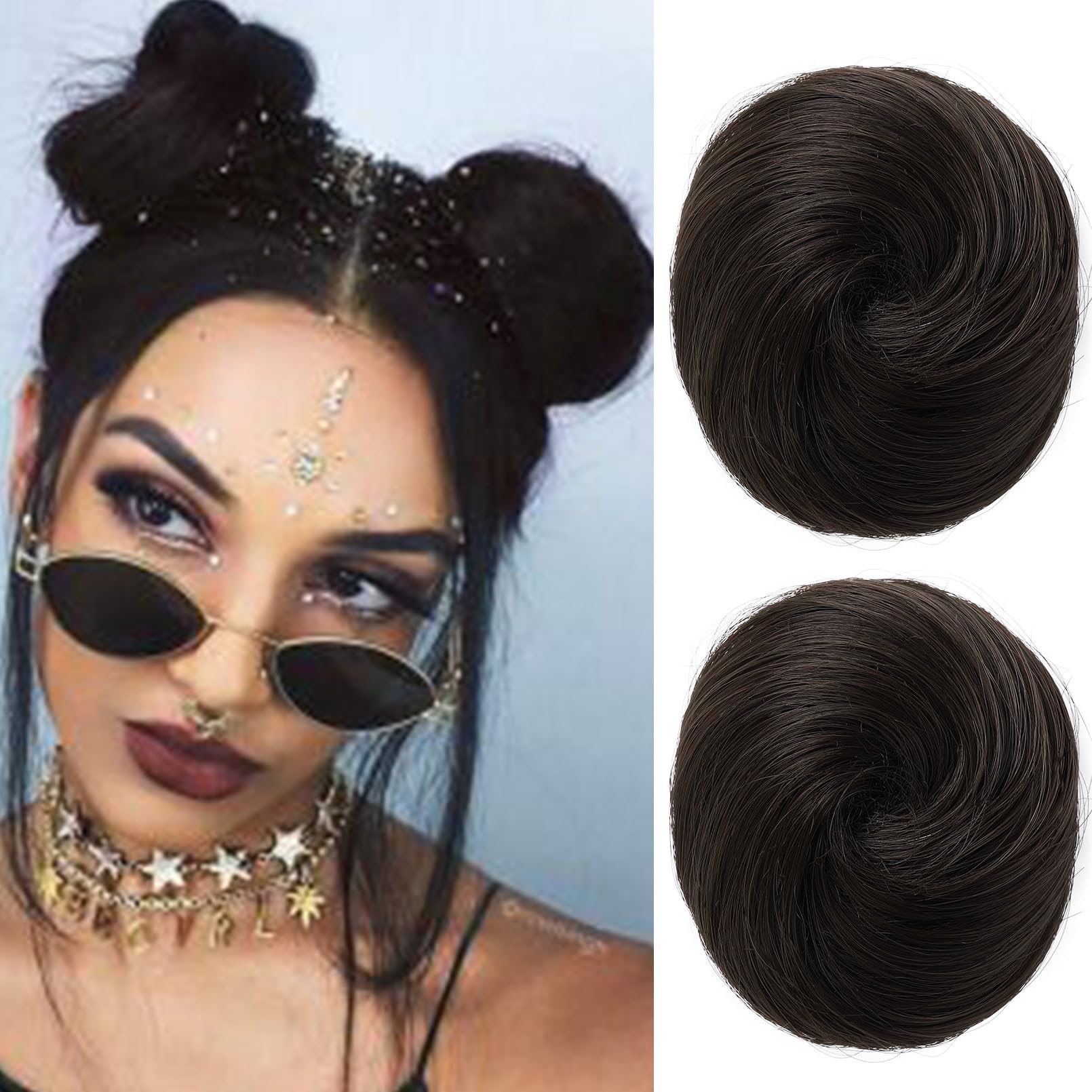 REECHO Space Bun Hair Pieces, 2 PCS Mini Claw Clip in Messy & Cat Ears Fake Hair Bun Extensions HB001 Wig Accessory Updo Hairpieces for Women (Pack of 2-3" Straight, Black Brown)